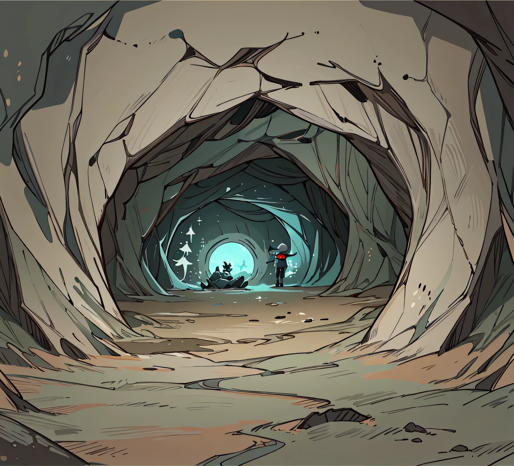 Flat animation style, simple style, Gravity Falls style landscape art, simple depictions,Deep cave, perfect cave, ((a cave deep underground surrounded by vaulted caverns)), A 10-meter-high giant cave