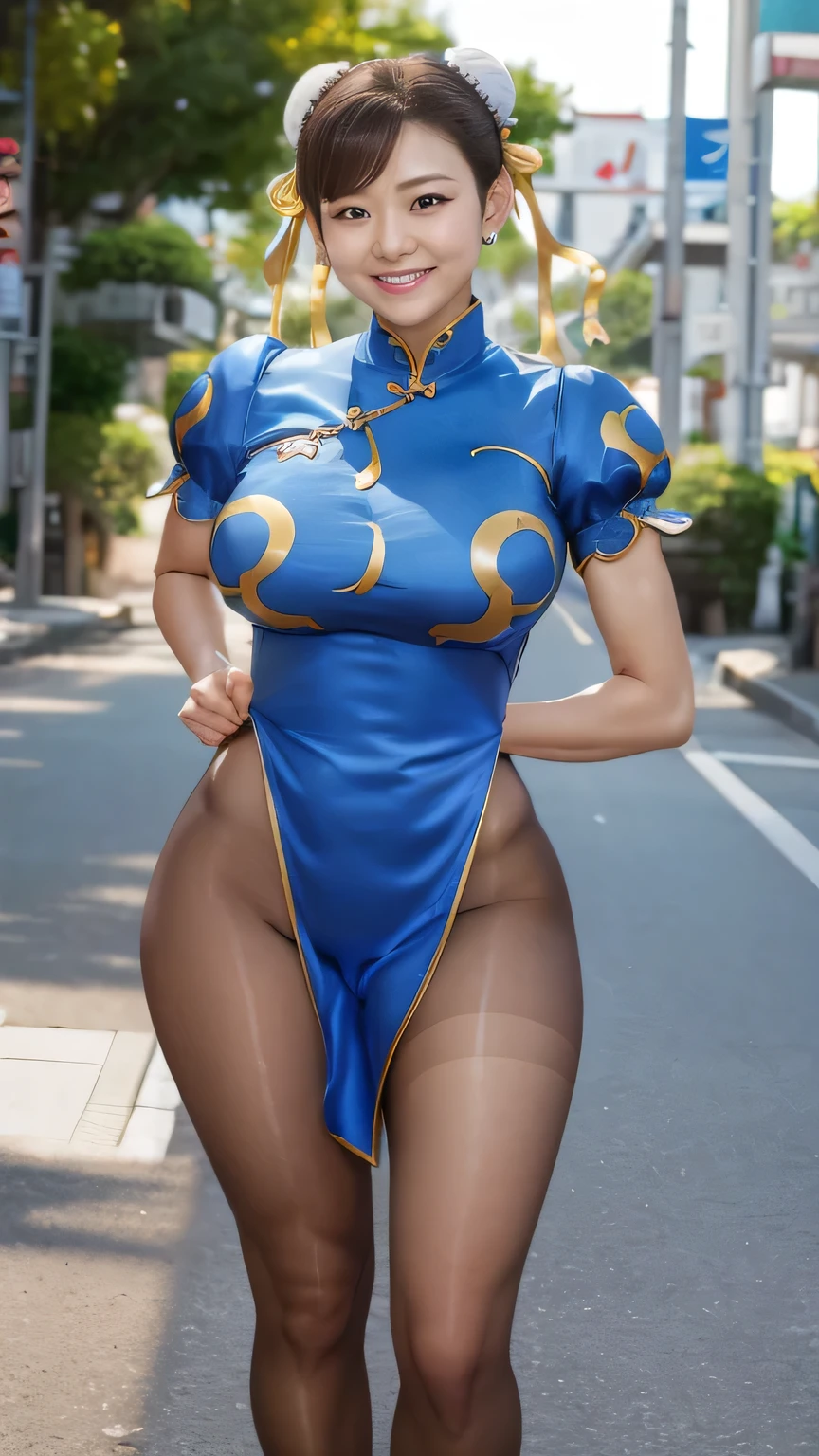 top quality、8k、 masterpiece、 Supernatural、Clear Photo、 professional lighting、 natural light、 by Nomi、 perfect anatomy、 one woman、baby face:2.0、 small tits、saggy breasts:1.1、 beautiful hair、smile、SF2 、((Chunli、Chun-li))、 blue china dress、( shiny pantyhose)、band、 Japanese countryside 、night、 Under the Street Light、 full body shot