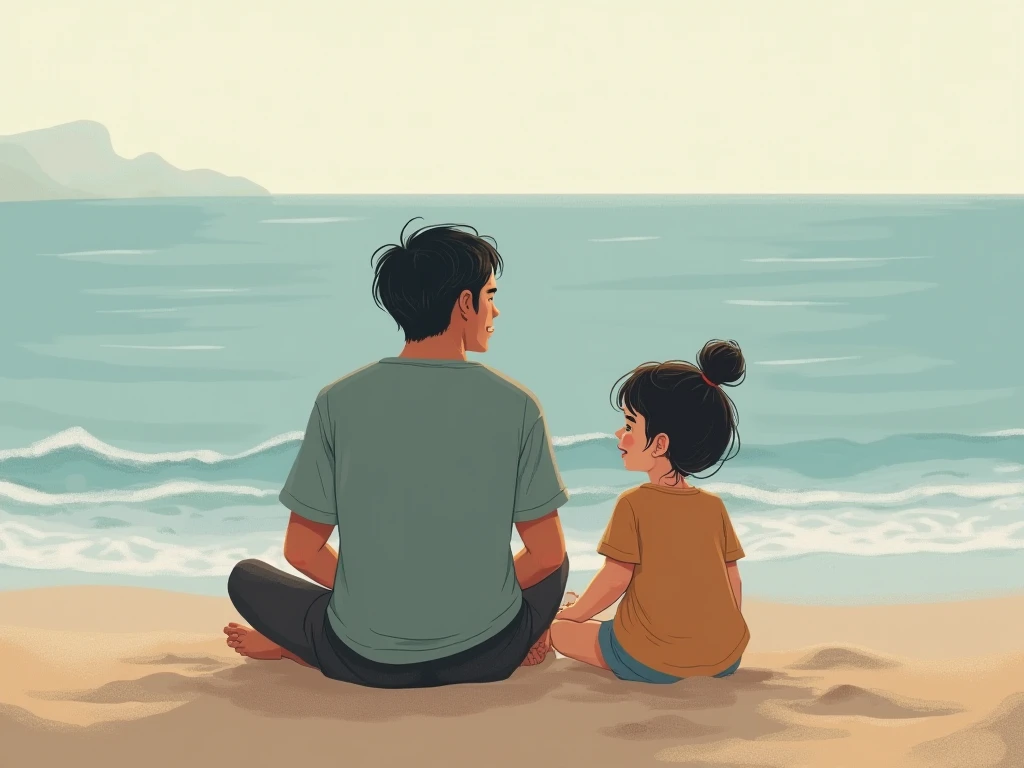 A boy wearing cargo and Indian girl in black saree wearing round spectacles. They are sitting on heal surrounded by the ocean.