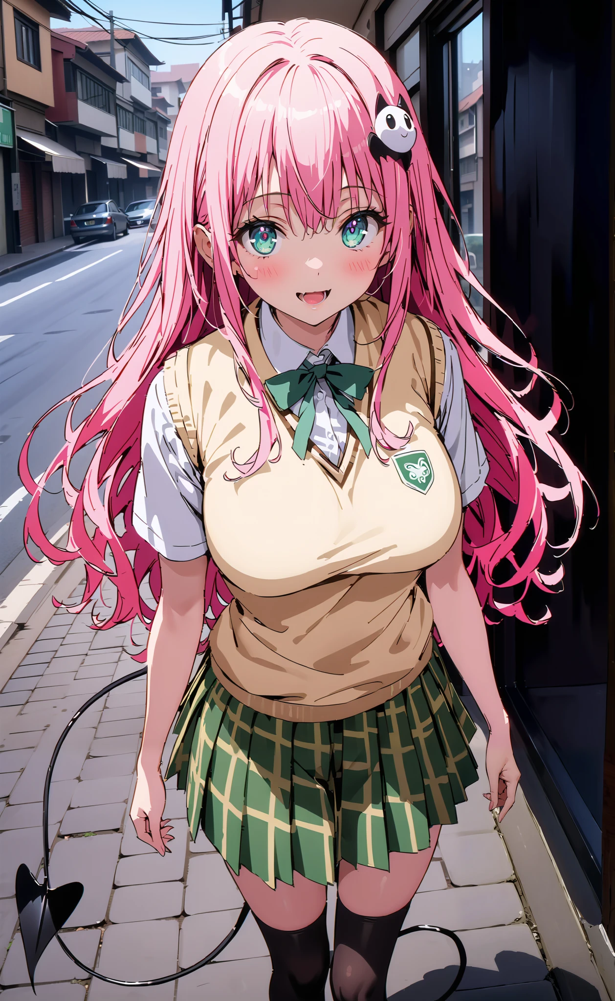 ララデbuildingーク, ララデbuildingク, long hair, pink hair, Tail, stupid hair, bangs, hair ornament , GREEN EYES,smile,blush, open your mouth,Big Breasts, cleavage, gal, tanning,demon Tail, green skirt, check pattern , check pattern skirt, sainan high school uniform, school uniform, skirt, sweater vest, thigh high socks, loafers, yellow sweater, short sleeve,building, Walking,whole bodyがイラストに入るように, break outdoors, City,
break looking at viewer,whole body,
break ( Masterpiece:1.2), top quality , kampala, Unity 8k Wallpaper,(shape:0.8),( fine, beautiful eyes :1.6),It's a person ,whole body写真,CG Details , ( perfect hands, Complete Anatomy),