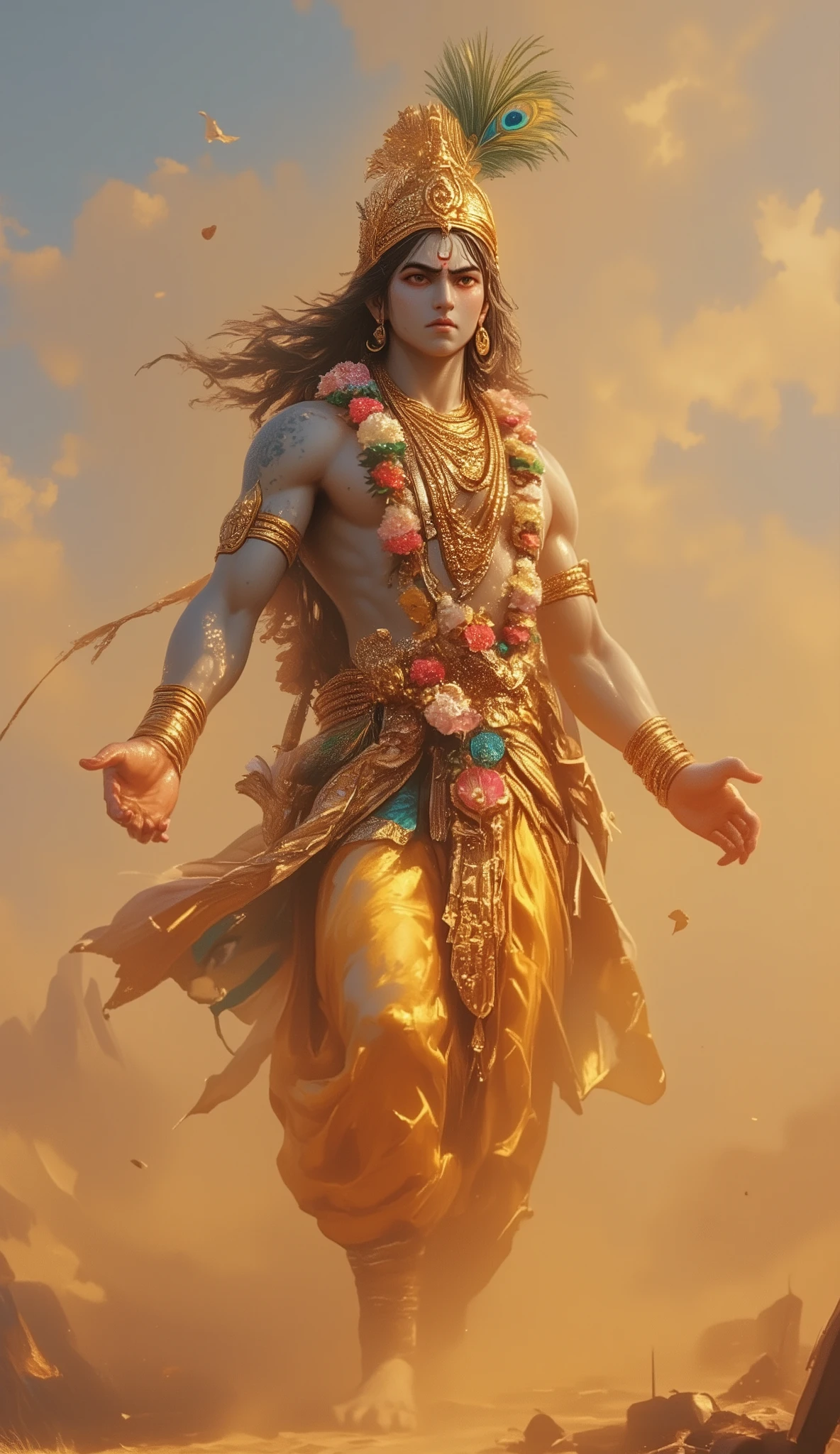 Create an image of Lord Krishna, who is wearing a golden dhoti, a garland of flowers around his neck, a golden crown on his head, a peacock feather in the crown, both hands open and looking angrily ahead, his face is angry but charming, dust is flying in the background,