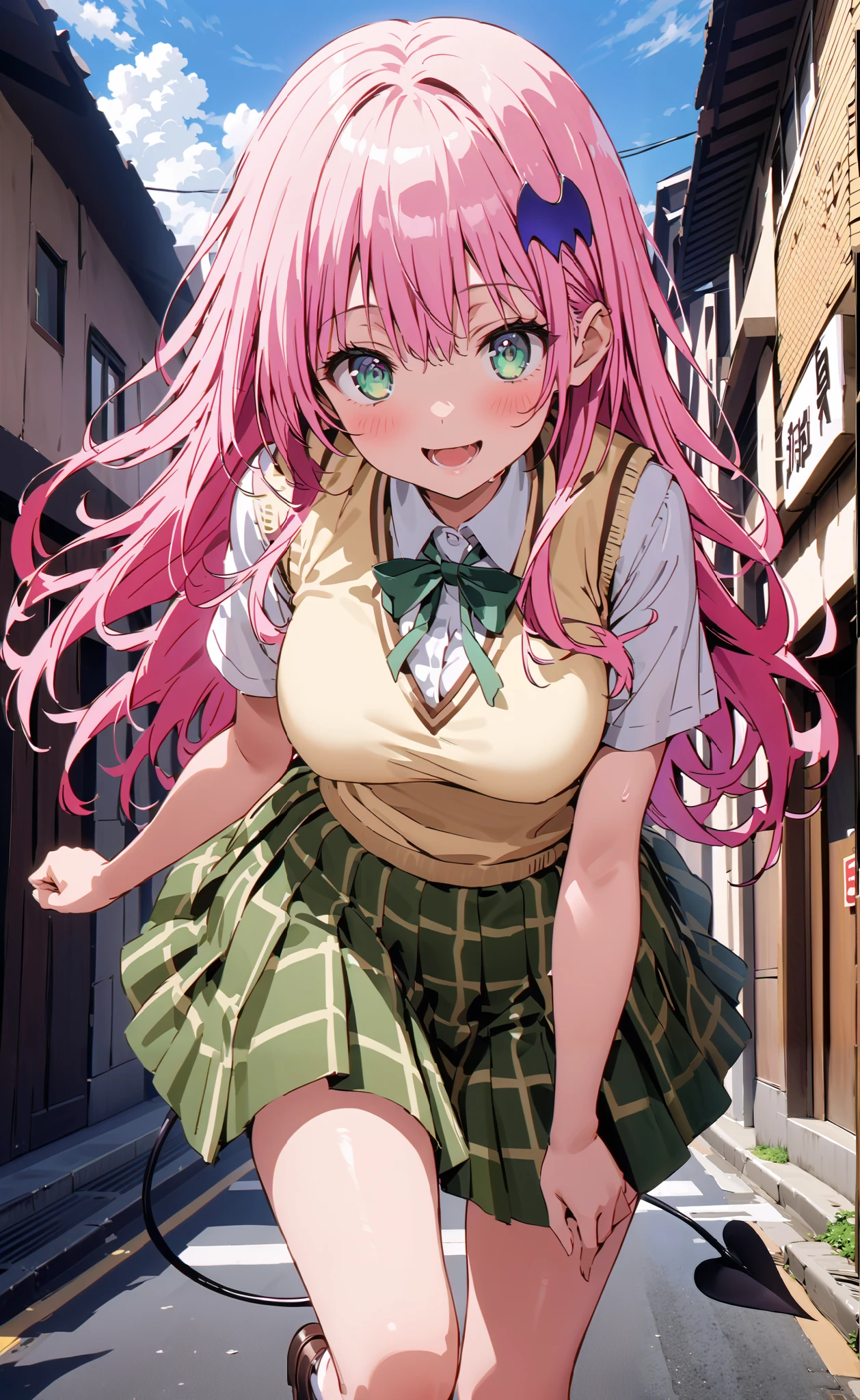 ララデbuildingーク, ララデbuildingク,  long hair,  pink hair, Tail, stupid hair, bangs,  hair ornament ,  GREEN EYES,smile,blush, open your mouth,Big Breasts, cleavage, gal, tanning, brown skin,demon Tail, green  skirt,  check pattern ,  check pattern   skirt, sainan high  school uniform,  school uniform,  skirt,  sweater vest,  thigh high socks,  loafers, yellow sweater,  short sleeve,building, Walking,whole bodyがイラストに入るように,                break outdoors, City,
break looking at viewer,whole body,
break ( Masterpiece:1.2), top quality , kampala, Unity 8k Wallpaper,(shape:0.8),(  fine, beautiful eyes  :1.6),It's a person ,whole body写真,CG Details , ( perfect hands, Complete Anatomy),