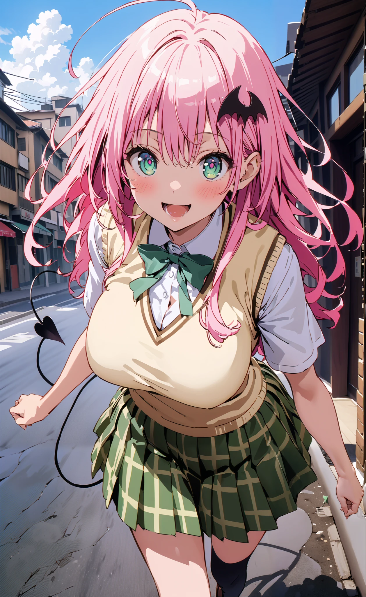 ララデbuildingーク, ララデbuildingク,  long hair,  pink hair, Tail, stupid hair, bangs,  hair ornament ,  GREEN EYES,smile,blush, open your mouth,Big Breasts, cleavage, gal, tanning, brown skin,demon Tail, green  skirt,  check pattern ,  check pattern   skirt, sainan high  school uniform,  school uniform,  skirt,  sweater vest,  thigh high socks,  loafers, yellow sweater,  short sleeve,building, Walking,whole bodyがイラストに入るように,                break outdoors, City,
break looking at viewer,whole body,
break ( Masterpiece:1.2), top quality , kampala, Unity 8k Wallpaper,(shape:0.8),(  fine, beautiful eyes  :1.6),It's a person ,whole body写真,CG Details , ( perfect hands, Complete Anatomy),