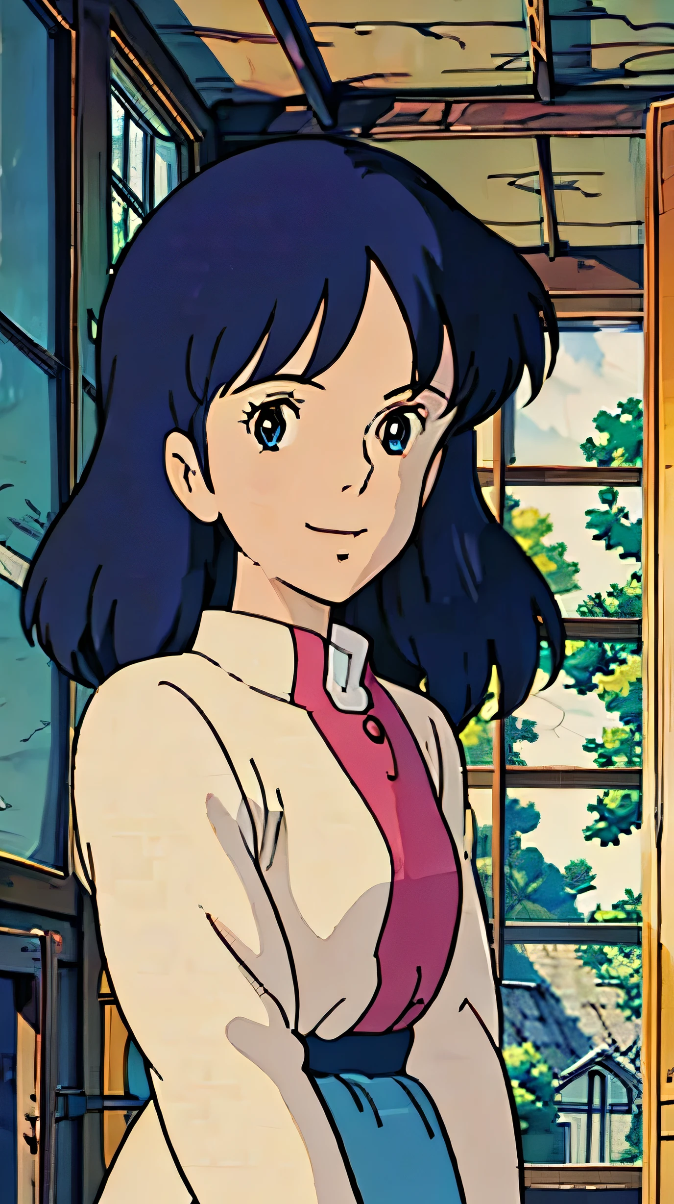  Studio Ghibli style animated film about a woman peeking inside her house、 movie stills、 top quality、 Masterpiece、Representative works、 Official Art、 professional、Ultra-compact、8k、Smiling long-haired girl、 inside the house