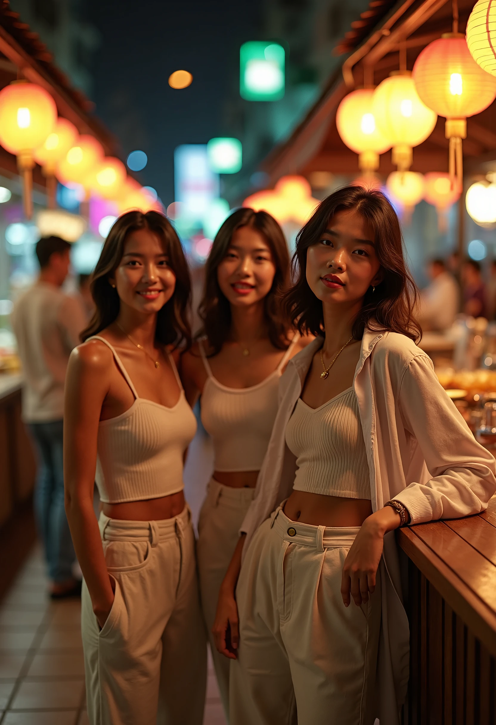 ((best quality)), ((masterpiece)), (detailed), perfect face
The image shows a group of six sexy women posing together for a photograph. They are standing outdoors in what appears to be an urban setting, possibly a shopping district given the neon signs and advertisements in the background. Each woman is wearing a green bra and blue jeans, suggesting a coordinated style or theme for their attire. The women vary in height and body shape, but all are smiling and looking directly at the camera, conveying a sense of camaraderie and shared enjoyment. Their poses are relaxed yet confident, with some standing slightly behind others to create depth in the composition. There is no visible text within the image that provides additional context or information about the women or their location.