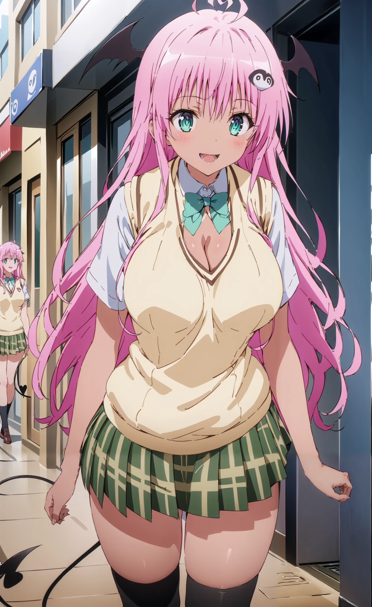 ララデbuildingーク, ララデbuildingク, long hair, pink hair, Tail, stupid hair, bangs, hair ornament , GREEN EYES,smile,blush, open your mouth,Big Breasts, cleavage, gal, tanning, brown skin,demon Tail, green skirt, check pattern , check pattern skirt, sainan high school uniform, school uniform, skirt, sweater vest, thigh high socks, loafers, yellow sweater, short sleeve,building, Walking,whole bodyがイラストに入るように, break outdoors, City,
break looking at viewer,whole body,
break ( Masterpiece:1.2), top quality , kampala, Unity 8k Wallpaper,(shape:0.8),( fine, beautiful eyes :1.6),It's a person ,whole body写真,CG Details , ( perfect hands, Complete Anatomy),