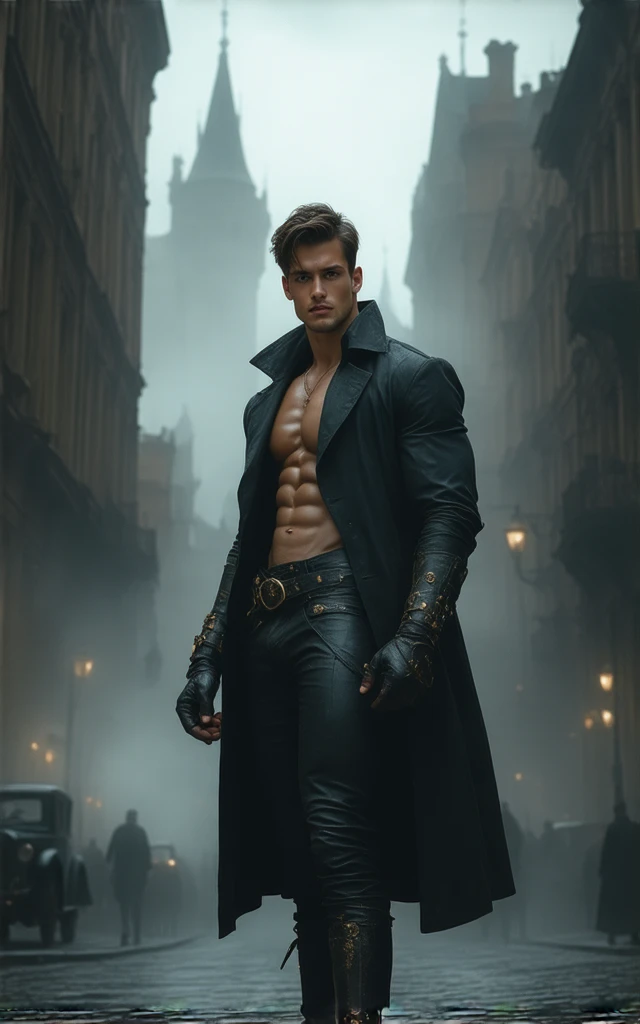 The image and related scenes of the vampire noble duke in the Victorian era. As far as the main content is concerned, the temperament of the Vampire Duke is elegant, elegant, mature man, open shirt! Short hair, strong and delicate facial lines, wearing gorgeous and exquisite aristocratic clothes. Use side light or backlight to emphasize the details of muscles and equipment. The color matching is mainly black, gold and red. Put on gorgeous and exquisite vampire noble costumes. Men's focus, outdoor, vampire, bat wings, short hair, shirt, shut up, men's focus, belt, trousers, facial hair, abdominal muscles, chest, muscles, cuffs, mature men, beard, men, cuffs, belt, chest hair, system clothes, chest strap, chest strap, more details, white hair, thick beard Zi, thick chest hair, it shows the majestic power of the Vampire Duke and the elegance of the times, highlighting the gorgeous clothing and decoration. The color matching is mainly black, tall, slender, slim figure (a clearly defined waist), with furry big breasts, white/grey hair and furry body.