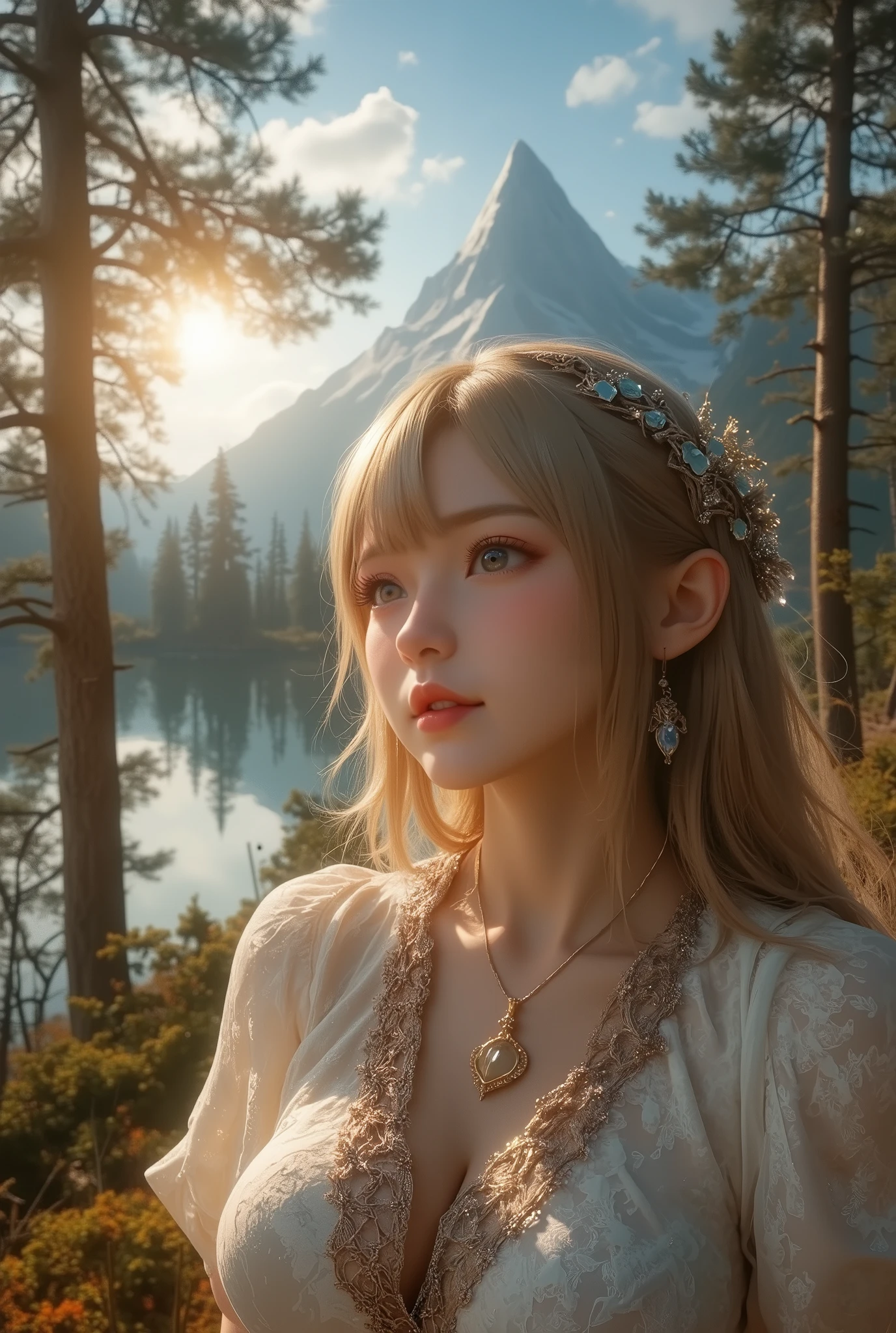 smile while sitting , happy expression , Charming eyes, straight long hair , flowing skirt , big, Gazing at the Sun, Calm Posture , Porcelain Skin , A faint blush, crystal pendant Rest Golden Hour , ( edge lighting ): 1.2, Cool colors, Solar flare, Soft Shadows , bright color, Paint Effects, A relaxing scenic area with a great atmosphere , The landscape I saw with you 々, pine tree, Summit, reflections , sunlit clouds , Quiet Atmosphere , Idyllic sunrise, very detailed, Official Art, unity 8k wallpaper , zentangle , Mandala, cute elf sitting on the lake