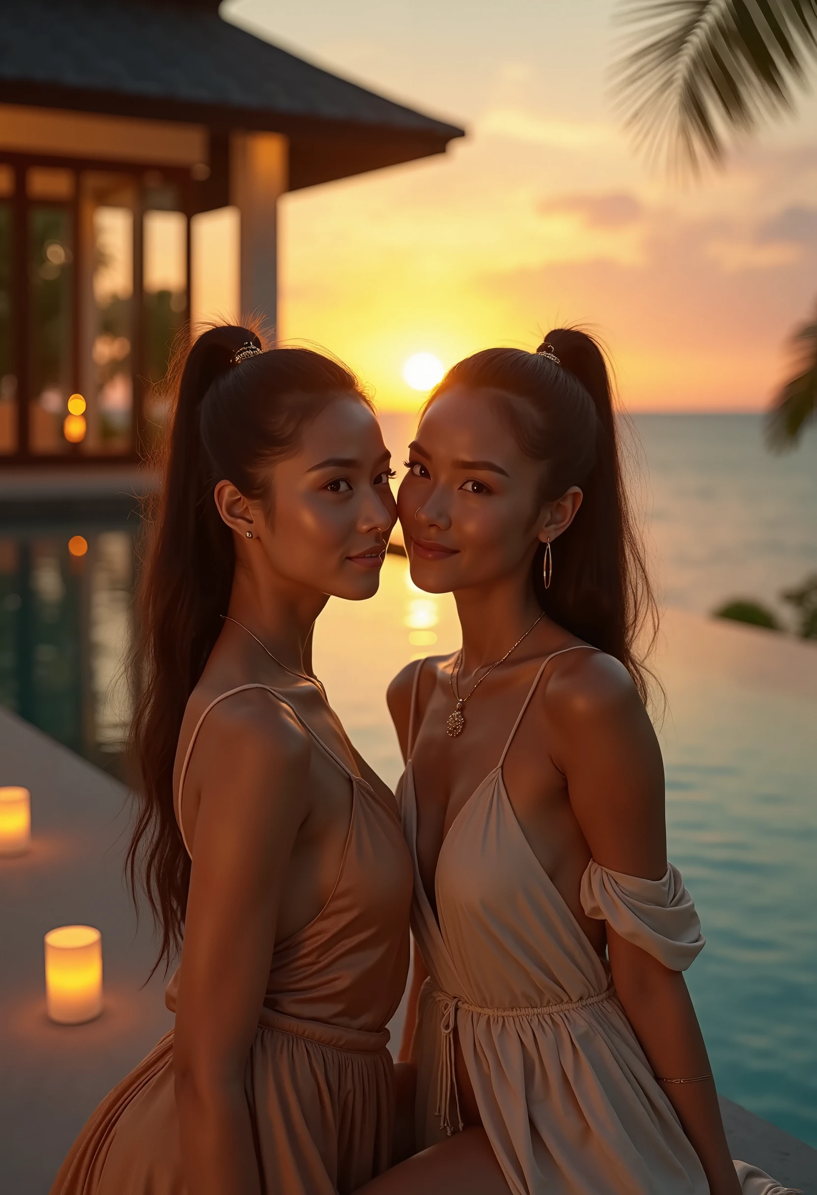 [best quality,4k,highres],(mom and her daughter embracing each other),(beautiful detailed eyes,beautiful detailed lips,extremely detailed eyes and face,long eyelashes),messy hair,[cocktail dress],thigh high socks,[tropical beach],vibrant sunset reflecting on the water, [warm colors],soft natural lighting
