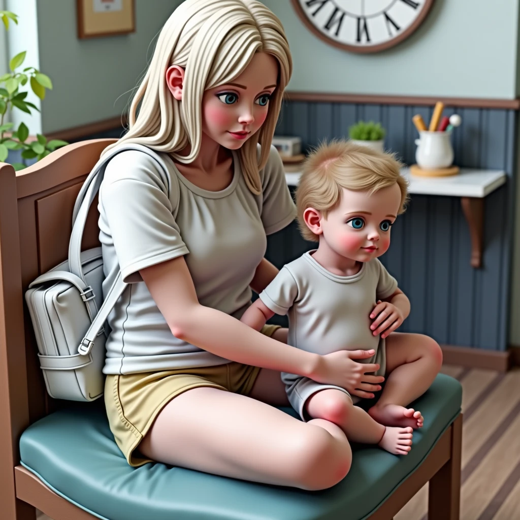 Realistic image of a woman psychologist, blonde hair with lights, medium size hair, white color, wearing a purple color scrub outfit, attending to a black child in a playful children's office.