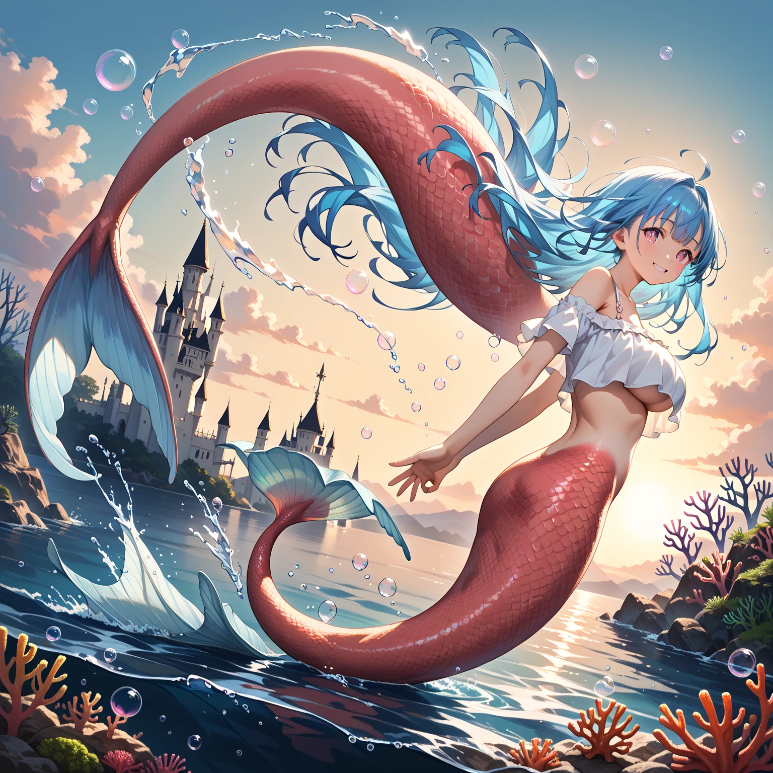 score_9, score_8_up, score_7_up, source_anime, rating_safe, illustration, (game-cg), perfect anatomy,
1child, (mermaid), (beautiful face, delicate and precise facial features, detailed skin), (detailed eyes:1.3), pastel blue hair, wavy long hair, (bangs), clear neon-pink eyes, (big breasts), under-boob, white off-shoulder swimsuit, (seductive smile:1.2), coral-pink scales, coral-pink veiltail
(upside-down, backflip), from below, from side,
full body angle, (dutch angle:1.2), detailed background, sunset, evening, far ocean, (splash of water:1.2), (backlighting:1.3), (transparent of light, tyndall effect), overlooking horizon, (fisheye:1.2), (bubbles:1.3), (wind), rainbow, (Neuschwanstein-Castle very far distance),
masterpiece, amazing quality, best quality, ultra detailed, hyper detailed, highly detailed, high resolution, very aesthetic, absurdres,
