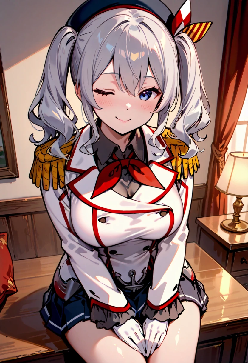 ((Top quality)), ((masterpiece)), (details),
High resolution, super detailed, very detailed CG Unity 8k wallpaper, real, photorealistic,
Beautiful fine face, detailed face.
Pale skin, realistic shining skin.
Detailed fabric texture, detailed hair texture.
(Eyes with attention to beautiful details: 1.5),
(Small hand), ((perfect hand)).
slim legs, detailed legs.
((Perfect Anatomy)).
Perfect lighting.
break
a girl,age:18,
kashima( Fleet Collection),
kashima ( hook),
kashima (fleet girl’s collection),
(Gray hair:1.5), Medium Hair, wavy Hair, (twin tails),
(blue eyes:1.2), we have,
((Big smile:1.2)),eye closed,
(slender: 1.1), (big chest: 1.2),
(Most Big Butt : 1.3), (Fluffy thighs: 1.1),
break
a girl,age:18,
Navy, white military uniform,
beret , epaulettes,
red neckerchief,
white gloves,
jacket, ruffled sleeves, long sleeves,
pleated skirt, miniskirt, anchor,
break
She is happy, Enjoy Kure city,