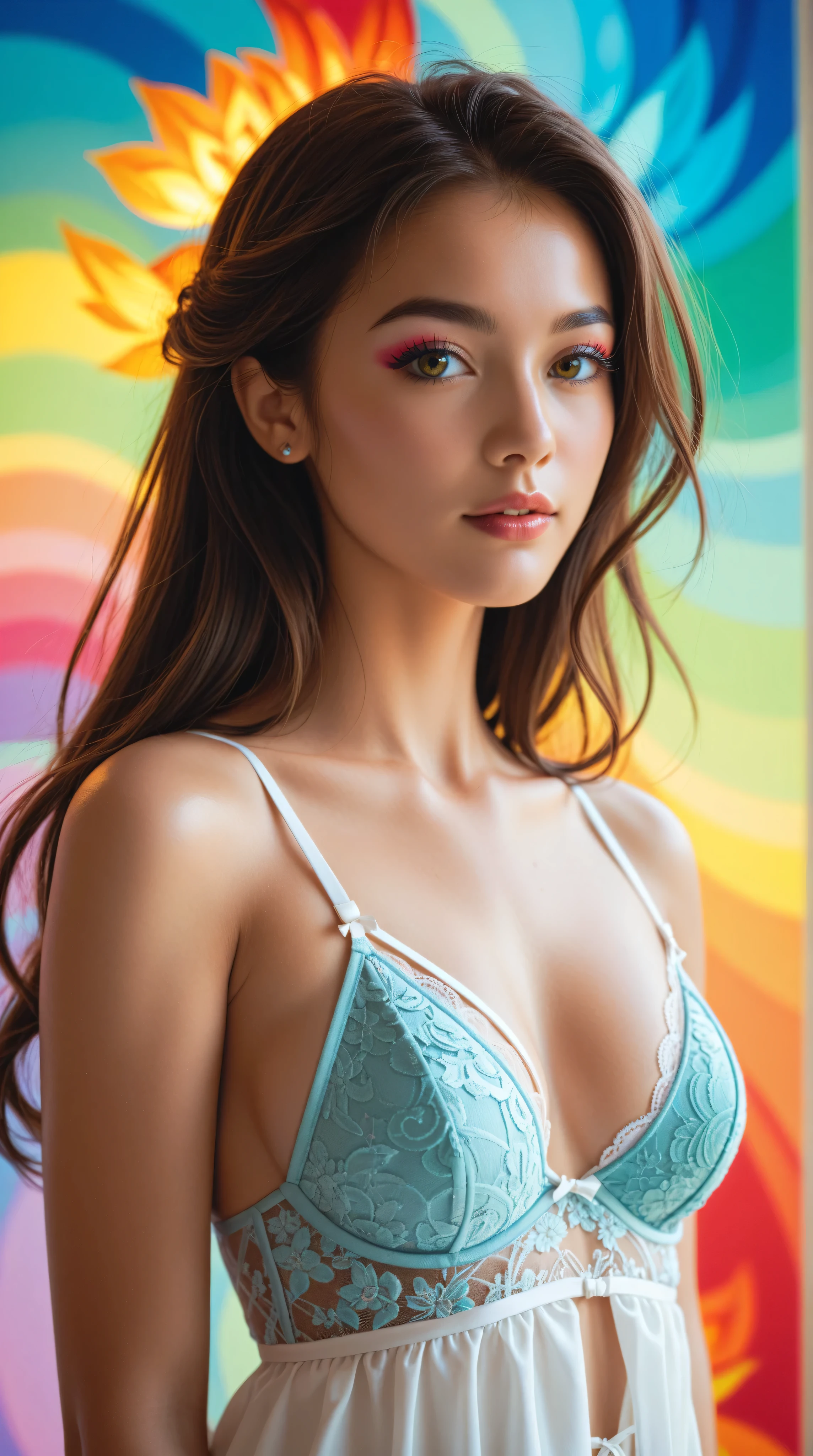 highest quality, bright realistic, ((in the pitch colorful:1.4)), background in low contrast , full waist up pose , upper knees pose , ,glorious picture, lighting face, she's comfortable, wearing lingerie, looks incredible, (8k, Raw photo, Highest quality),(epic realistic:1.5), a woman, face,(detailed eyes:0.8),(looking at the camera:1.4), (Highest quality), ( high contrast, deep shadows),Intricate details,cinematic,((skin:1.4)), (long dark hair:1.3), long hair, messy ,(Hdr:1.5),Detailed, colors, Superior quality, Masterpiece, Raw Photo (20-year-old, looking at viewer), beautiful, (wearing underwear,), perfect, natural, perfect composition