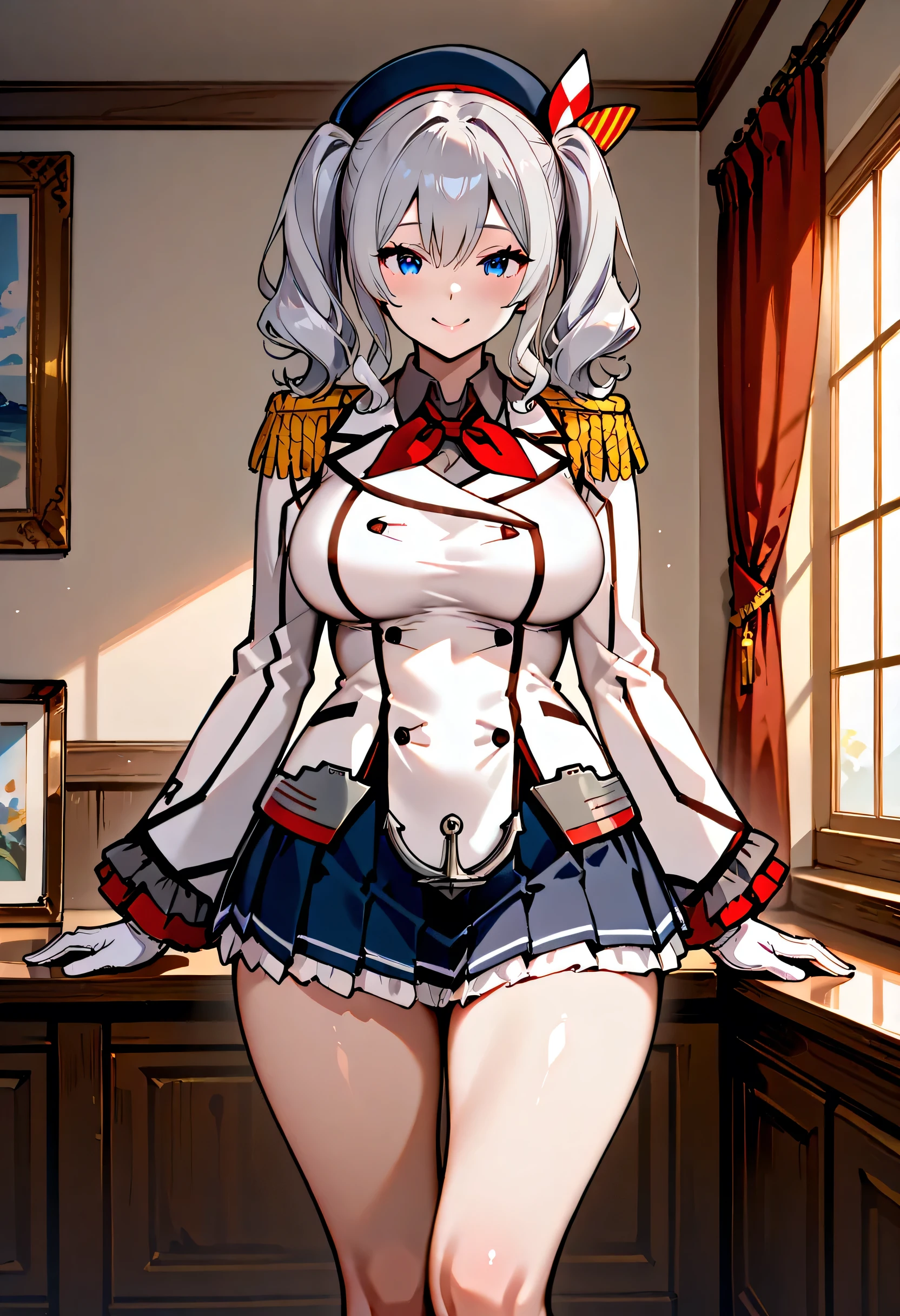 ((Top quality)), ((masterpiece)), (details),
High resolution, super detailed, very detailed CG Unity 8k wallpaper, real, photorealistic,
Beautiful fine face, detailed face.
Pale skin, realistic shining skin.
Detailed fabric texture, detailed hair texture.
(Eyes with attention to beautiful details: 1.5),
(Small hand), ((perfect hand)).
slim legs, detailed legs.
((Perfect Anatomy)).
Perfect lighting.
break
a girl,age:18,
kashima( Fleet Collection),
kashima ( hook),
kashima (fleet girl’s collection),
(Gray hair:1.5), Medium Hair, wavy Hair, (twin tails),
(blue eyes:1.2), we have,
((Big smile:1.2)),
(slender: 1.1), (big chest: 1.2),
(Most Big Butt : 1.3), (Fluffy thighs: 1.1),
break
a girl,age:18,
Navy, white military uniform,
beret , epaulettes,
red neckerchief,
white gloves,
jacket, ruffled sleeves, long sleeves,
pleated skirt, miniskirt, anchor,
break
She is happy, Enjoy Kure city,