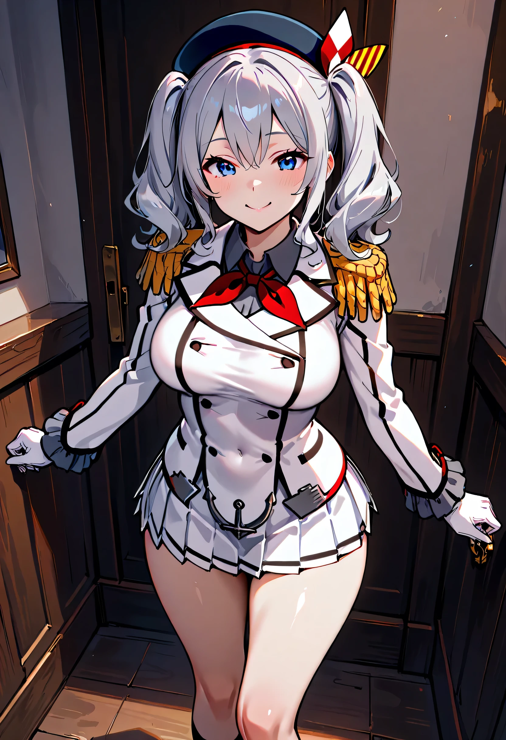 ((Top quality)), ((masterpiece)), (details),
High resolution, super detailed, very detailed CG Unity 8k wallpaper, real,  photorealistic,
Beautiful fine face, detailed face.
Pale skin, realistic shining skin.
Detailed fabric texture, detailed hair texture.
(Eyes with attention to beautiful details: 1.5),
(Small hand), ((perfect hand)).
slim legs, detailed legs.
((Perfect Anatomy)).
Perfect lighting.
break
a girl,age:18,
kashima（ Fleet Collection）,
kashima ( hook),
kashima (fleet girl’s collection),
(Gray hair:1.5), Medium Hair, wavy Hair, (twin tails),
(blue eyes:1.2), we have,
((Big smile:1.2)),eye closed,
(slender: 1.1), (big chest: 1.2),
(Most Big Butt : 1.3), (Fluffy thighs: 1.1),
break
a girl,age:18,
 Navy, white military uniform, 
beret , epaulettes, 
red neckerchief, 
white gloves, 
jacket, ruffled sleeves, long sleeves,
pleated skirt, miniskirt, anchor,
break 
She is happy, Walk at the pier,