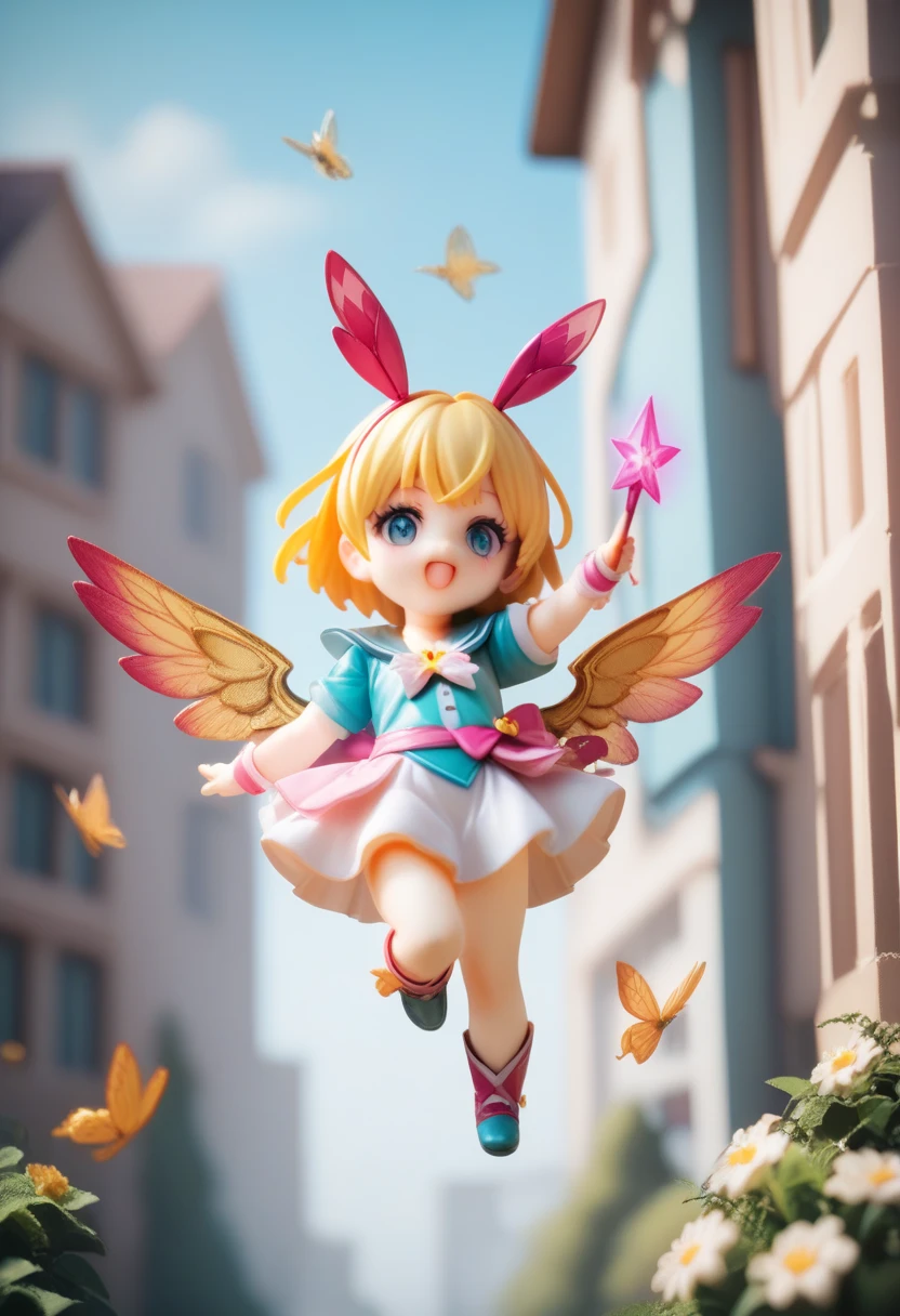 cute chibi magical girl flying over the city, with a magic stick, fly high, Fly over the city , pvc