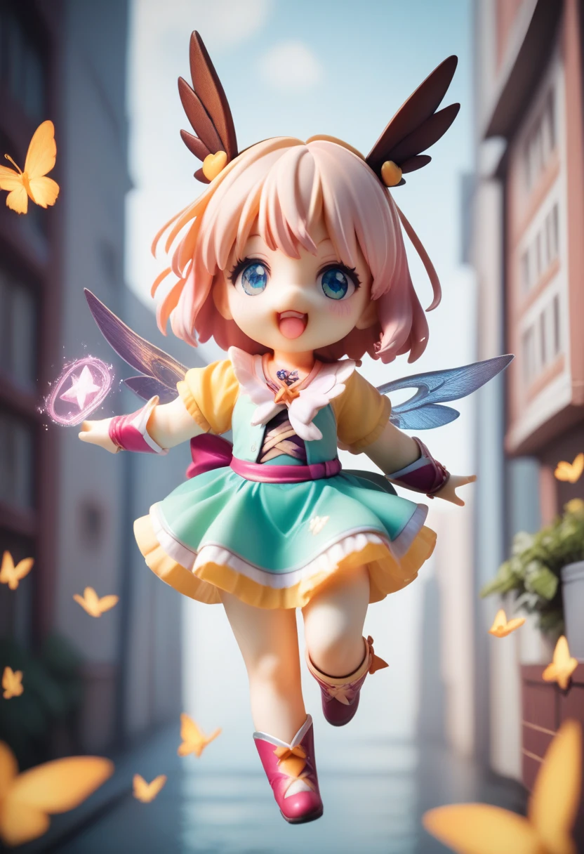 cute chibi magical girl flying over the city, with a magic stick, fly high, Fly over the city , pvc
