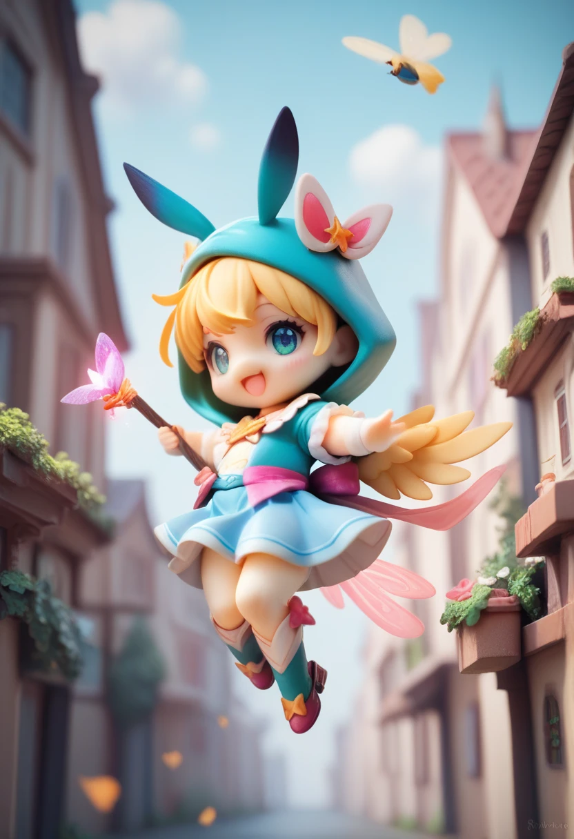 cute chibi magical girl flying over the city, with a magic stick, fly high, Fly over the city , pvc