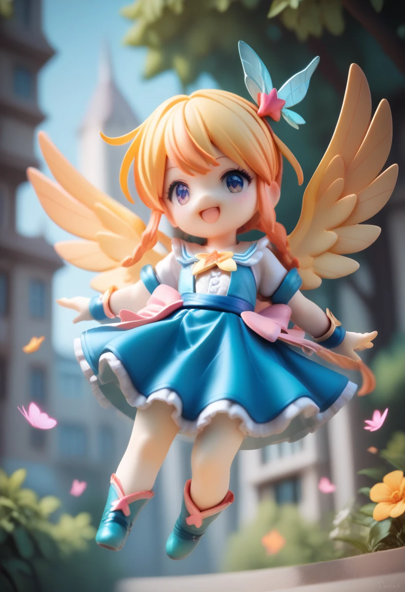 cute chibi magical girl flying over the city, with a magic stick, fly high, Fly over the city , pvc