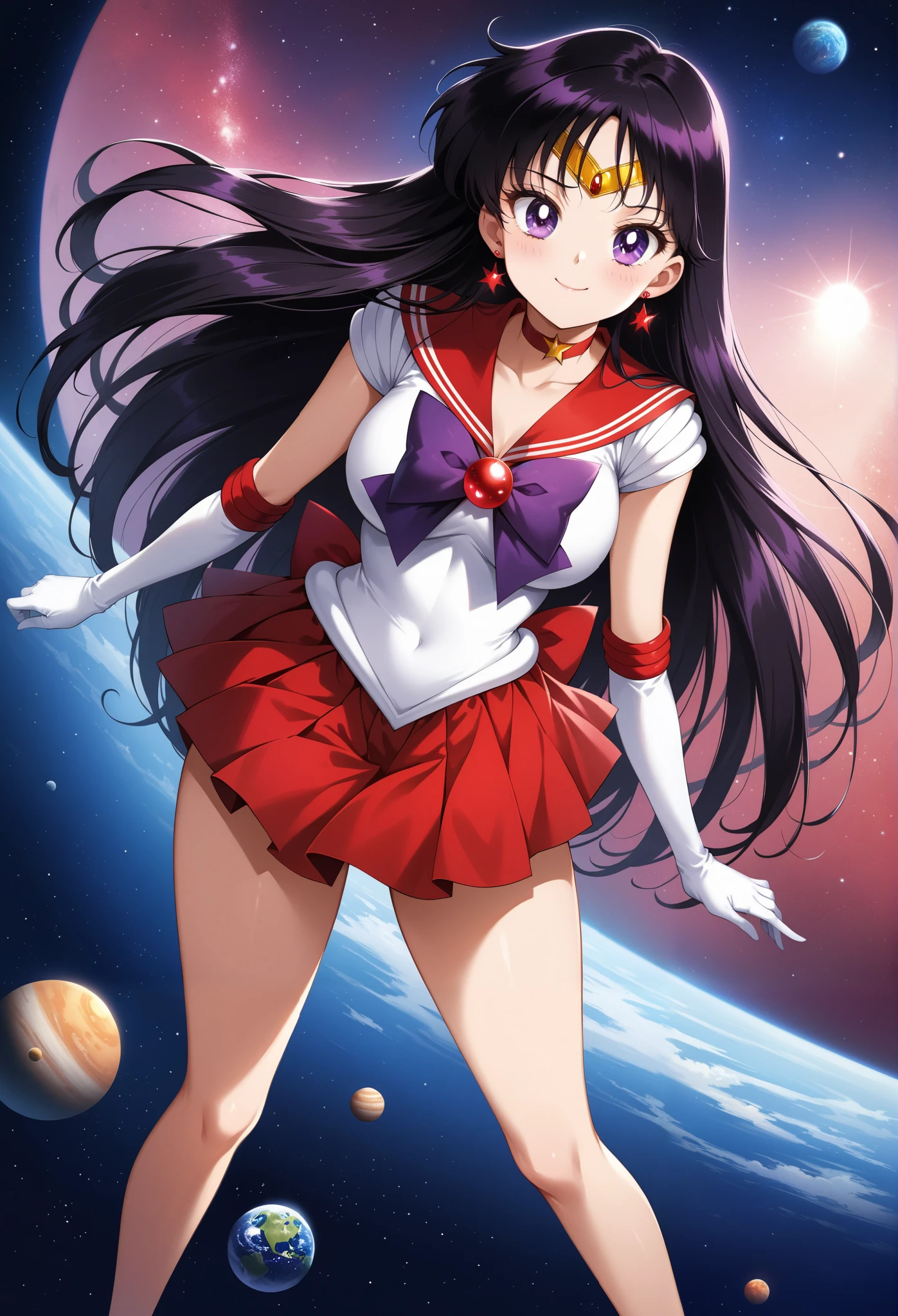 (masterpiece, best quality, very aesthetic, ultra detailed), intricate details, 4k, aamars, long hair, black hair, tiara, earrings, red choker, red sailor collar, purple bowtie, white shirt, elbow gloves, white gloves, pleated skirt, red skirt, bare legs, red heels, smile, space, stars, standing on planets, giga giantess, front below