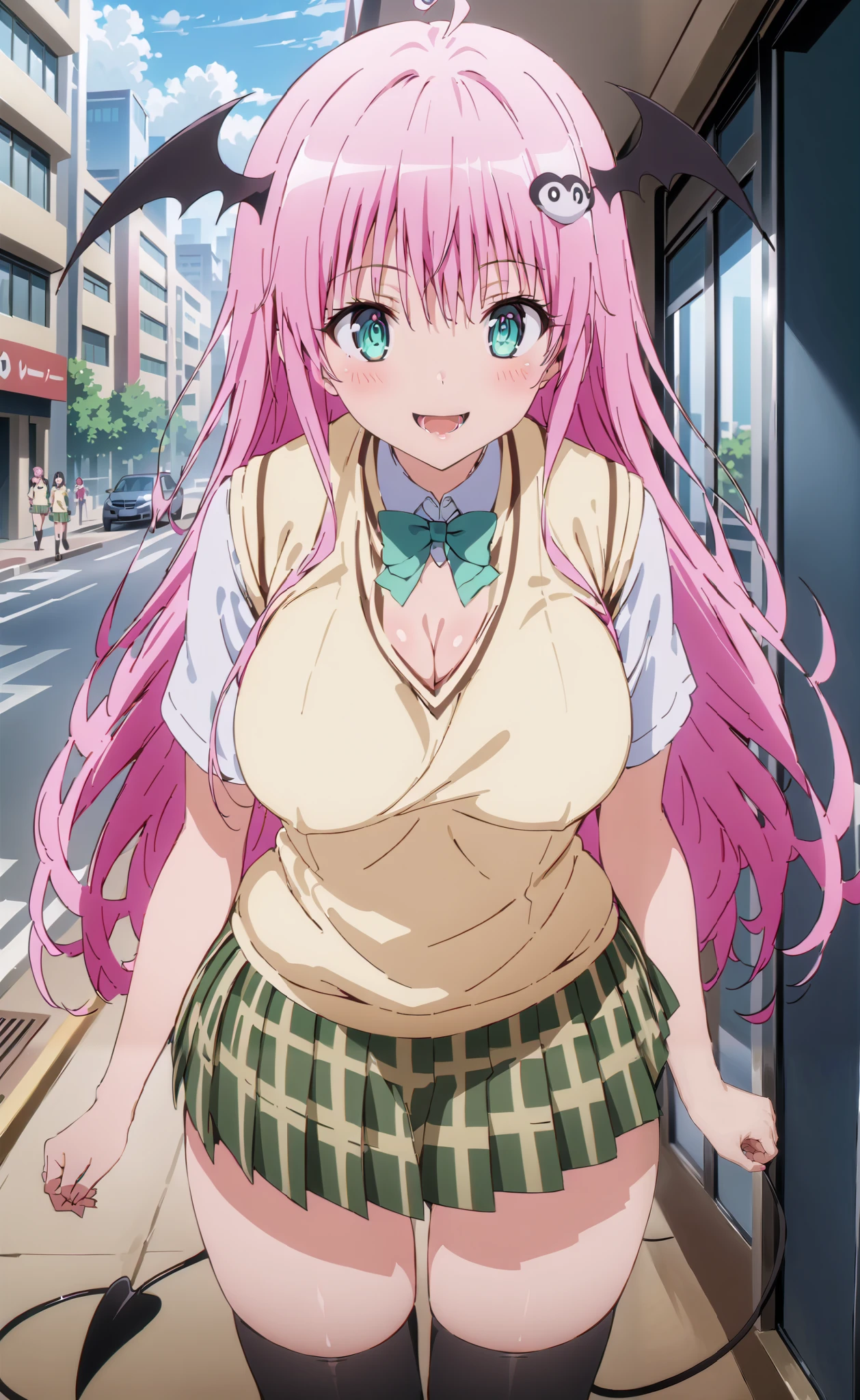 ララデbuildingーク, ララデbuildingク, long hair, pink hair, Tail, stupid hair, bangs, hair ornament , GREEN EYES,smile,blush, open your mouth,Big Breasts, cleavage, gal, tanning, brown skin,demon Tail, green skirt, check pattern , check pattern skirt, sainan high school uniform, school uniform, skirt, sweater vest, thigh high socks, loafers, yellow sweater, short sleeve,building, Walking,whole bodyがイラストに入るように, break outdoors, City,
break looking at viewer,whole body,
break ( Masterpiece:1.2), top quality , kampala, Unity 8k Wallpaper,(shape:0.8),( fine, beautiful eyes :1.6),It's a person ,whole body写真,CG Details , ( perfect hands, Complete Anatomy),