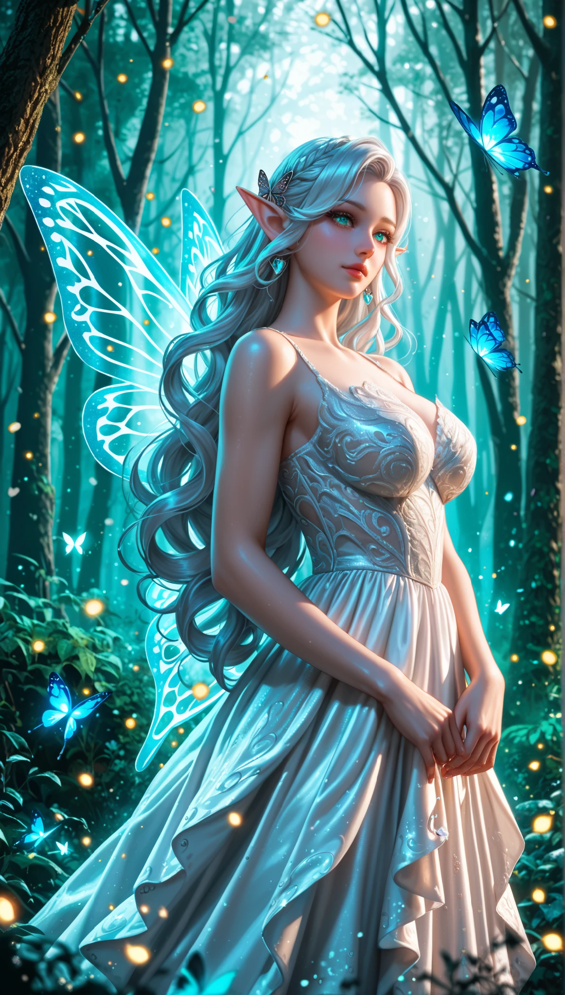 a lovely woman, fairy princess, chromatic wings, sheer dress, ornate flower themed jewelry, mythic glade, pure, innocent, sultry, mesmerizing, (best quality,4k,8k,highres,masterpiece:1.2),ultra-detailed,(realistic,photorealistic,photo-realistic:1.37),cinematic lighting, dramatic colors, fantasy art, cinematic composition, dramatic lighting, ethereal, magical realism
