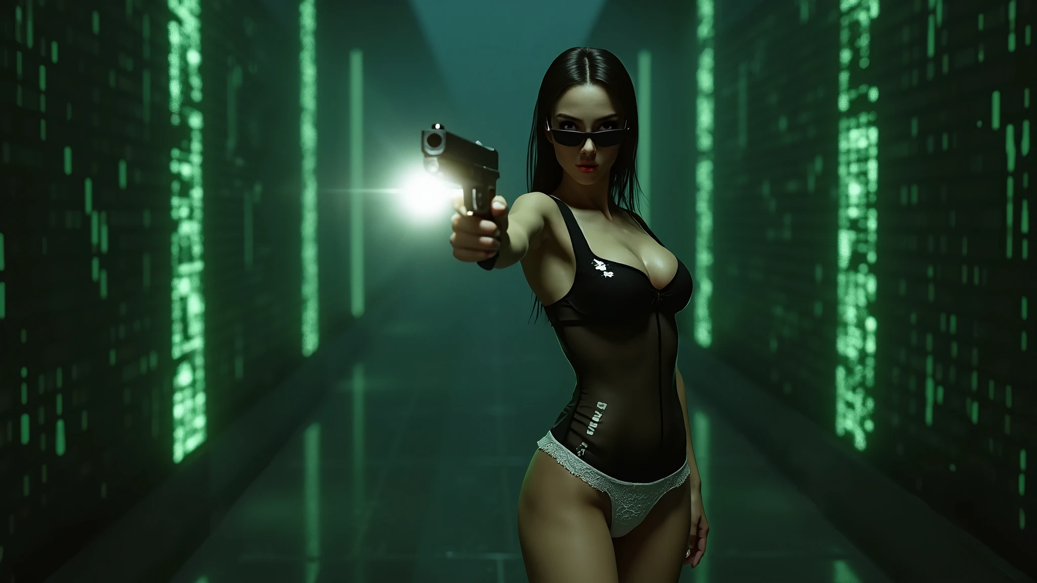 Matrix inspired surreal background, low angle view, green glowing cascading code, at dark night. (1girl, solo, alone), large-breast:1.2 slim:0.8 body, oval:0.8 face, cleavage:1.1, sexy black laced bra, low angle view of miniskirt, white laced panty, jacket, (black micro sunglasses), (holding a short gun), (slightly leaning forward running pose), half-body thigh level medium shot, cinematic lighting, ray tracing.
