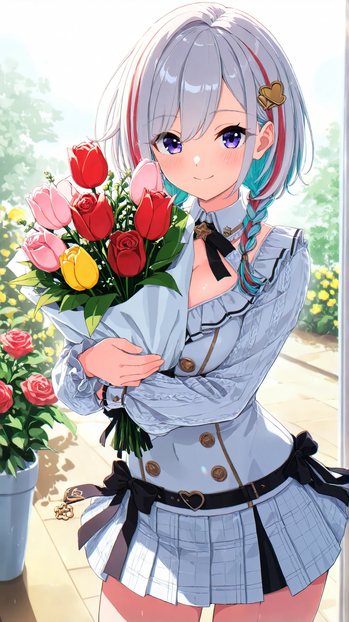 (master piece, professional quality, high resolution, 8k, sharp focus) valentine,  1 girl, joyful smile, Topaz eyes, smooth skin, corolla, medium hair, pastel inner hair, asymmetrical bangs, low twinbraids, Flower garden,  Pure white mini dress, Plaid mini skirt, I'm holding a big bouquet of tulips,  1 rose inside a tulip, hugging object, look at viewer, light sparkles, cowboy shot