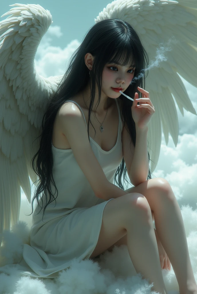 1 girl,Fujifilm、Realistic、ong black hair,big breasts,angel,Angel wings,Halation,white tunic,Languid,sluggish,empty eyes,bored,lonely,sigh,half-closed eyes,sharp eyes,open eyes,air is heavy,sitting,Right knee up,Right elbow on right knee,holds a cigarette in his right hand,exhaling cigarette smoke from her mouth,heaven,floor is made of fluffy clouds,