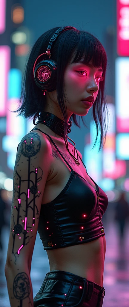 ((masterpiece))((highest quality))((27 year old girl,shoulder length highlight hair ))head to knee portrait ((she's seductively standing alluringly sexual revealing herself through opening her outfit. Her breasts are bursting out of her top.Partially exposed breast naked. )). ((Background is a Highly detailed cyberpunk club with multicolor LED lights. Graffiti .Luminous.))4k. Highly intricate details. Cinematic. Highly Reflective wet sidewalk. Full body portrait. 4k art by jeehyung lee