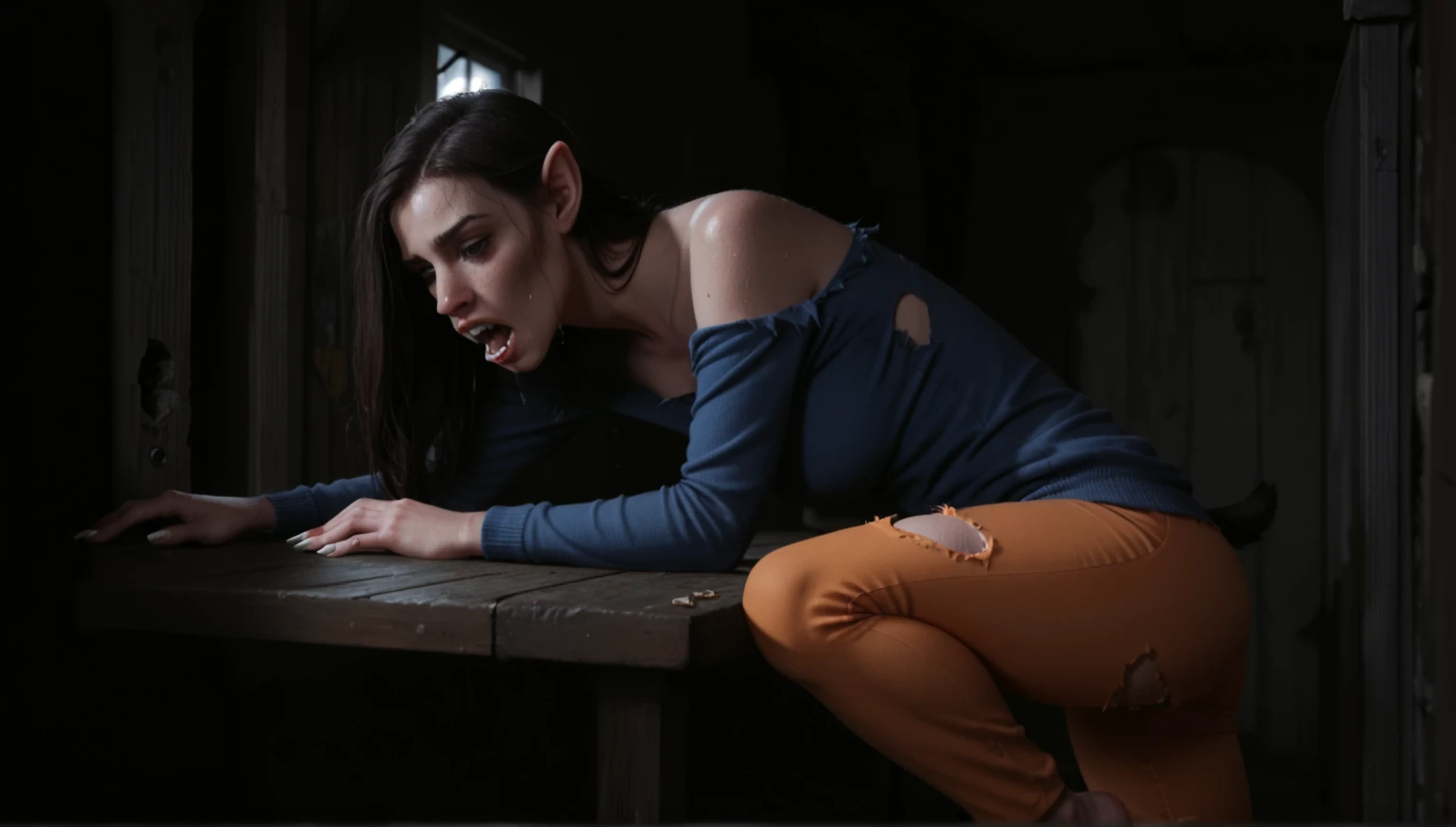 Looking down, feet up, Three-quarters angle, Leg lift on table, against table, transformation into werewolf, snout, whiskers, wolf nose, fur, sharp ears,:1.3, long white nails, fangs, female, beautiful face, dark hair, tight torn clothes, blue sweater, pale orange pants, tiny tail, sweating, slobbering, in pain, hard breath, screaming, abandoned cabin, trash around, broken stuff, in corner, window, sharp focus, ((deep night, darkness, dramatic moonlight)), (Raw, masterpiece, fantasy, deep shades, ultra detailed)