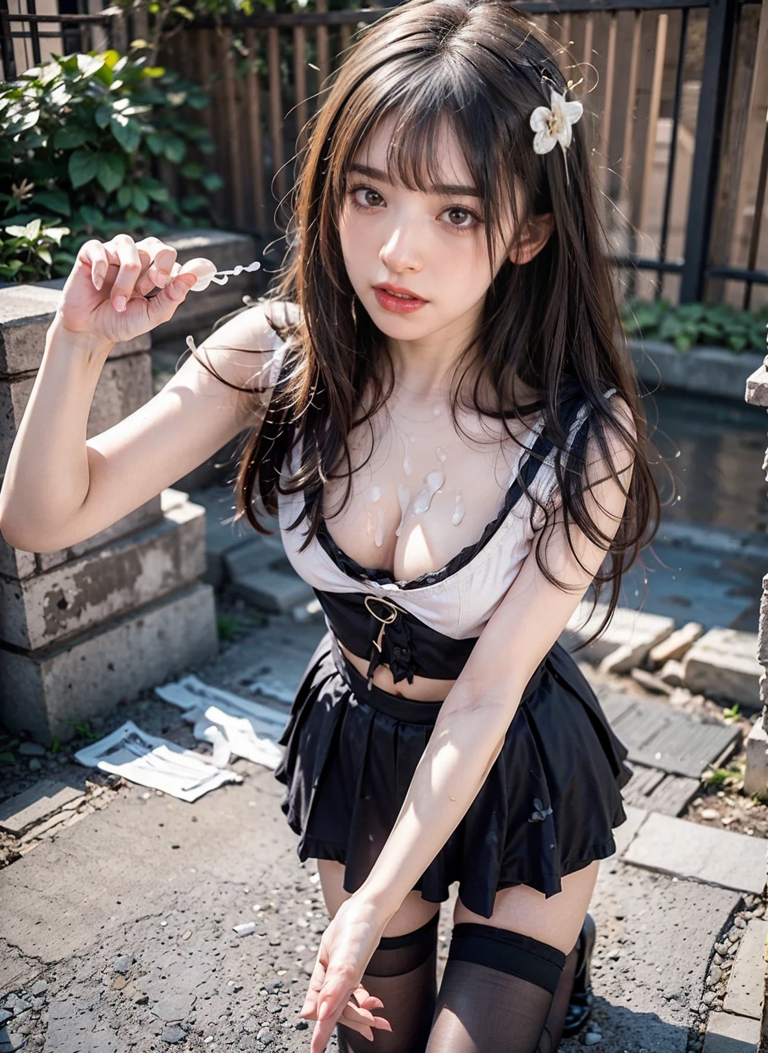 (masterpiece:1.2, Highest quality), (Realistic, photoRealistic:1.4), Beautiful illustrations, (Natural Side Lighting, Cinema Lighting), Browsing Caution,
View Viewer, (Bust up shot)、Front view:0.8, 1 girl, Japanese, high school girl, Perfect Face, Cute and symmetrical face, Shiny skin、
(Semi-short cut hair, Side Lock, Light pink hair), Parted bangs, Emerald green eyes, Long Eyelashes, (Big Breasts:0.8),
Beautiful Hair, Beautiful Face, Beautiful fine details, Beautiful clavicle, Beautiful body, Beautiful breasts, Beautiful fingers, Beautiful nipples、Beautiful armpits、Beautiful, perfectly aligned teeth、
((A cat suit with attention to detail、(Pastel blue floral lace panties、Mini checkered pleated skirt、Black garter stockings)、Shyness、(Open your mouth:1.3)、Red bow tie、Earrings、(topless:1.2)))、
(The background is night、moonlight、garden、firework、Night Festival)、 (Troubled face、Upward glance), (The skin is moist and wet:1.2)、(Semen is on it:1.6)、(Licking your fingers:1.2)