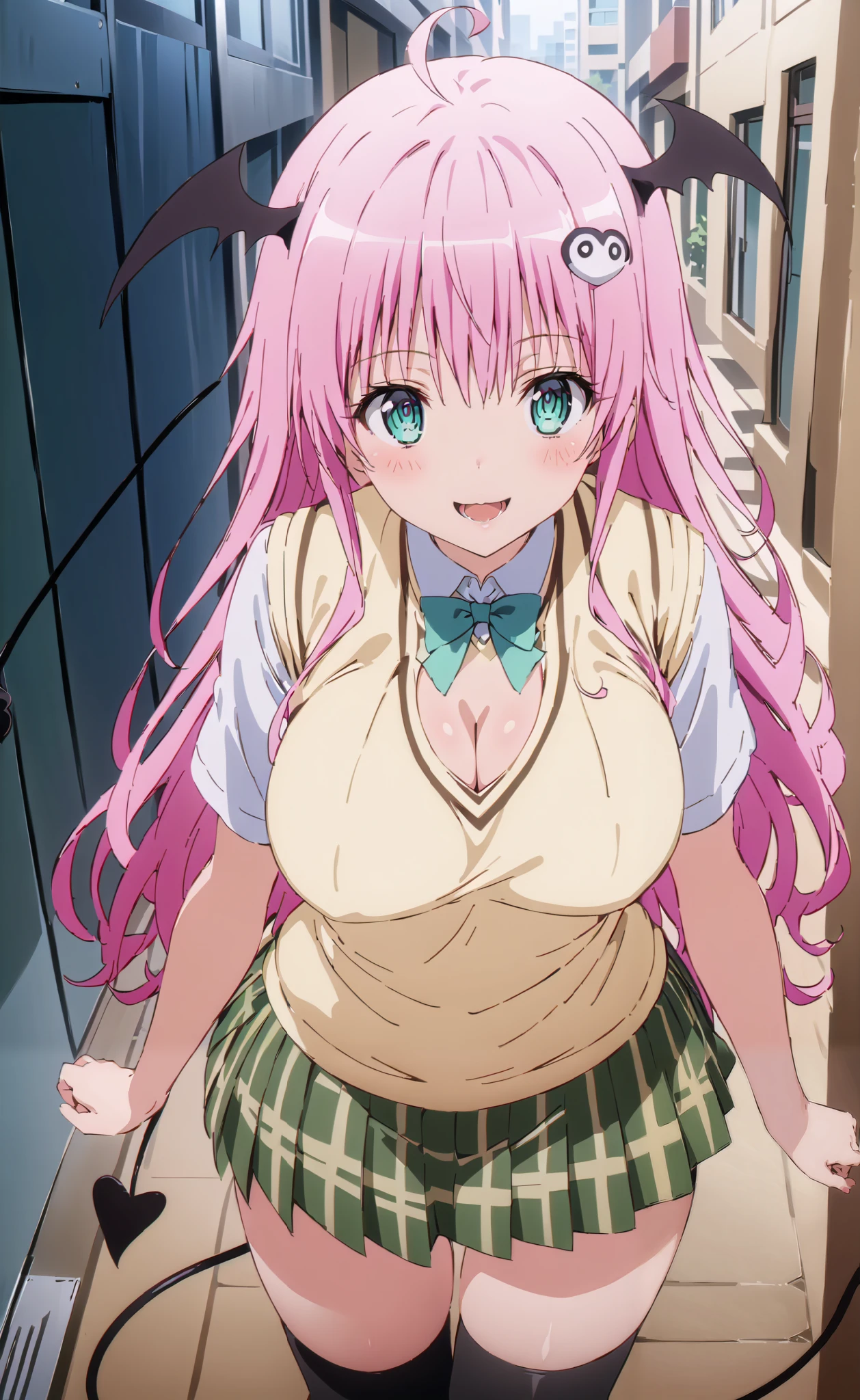 ララデbuildingーク, ララデbuildingク, long hair, pink hair, Tail, stupid hair, bangs, hair ornament , GREEN EYES,smile,blush, open your mouth,Big Breasts, cleavage, gal, tanning, brown skin,demon Tail, green skirt, check pattern , check pattern skirt, sainan high school uniform, school uniform, skirt, sweater vest, thigh high socks, loafers, yellow sweater, short sleeve,building, Walking,whole bodyがイラストに入るように, break outdoors, City,
break looking at viewer,whole body,
break ( Masterpiece:1.2), top quality , kampala, Unity 8k Wallpaper,(shape:0.8),( fine, beautiful eyes :1.6),It's a person ,whole body写真,CG Details , ( perfect hands, Complete Anatomy),