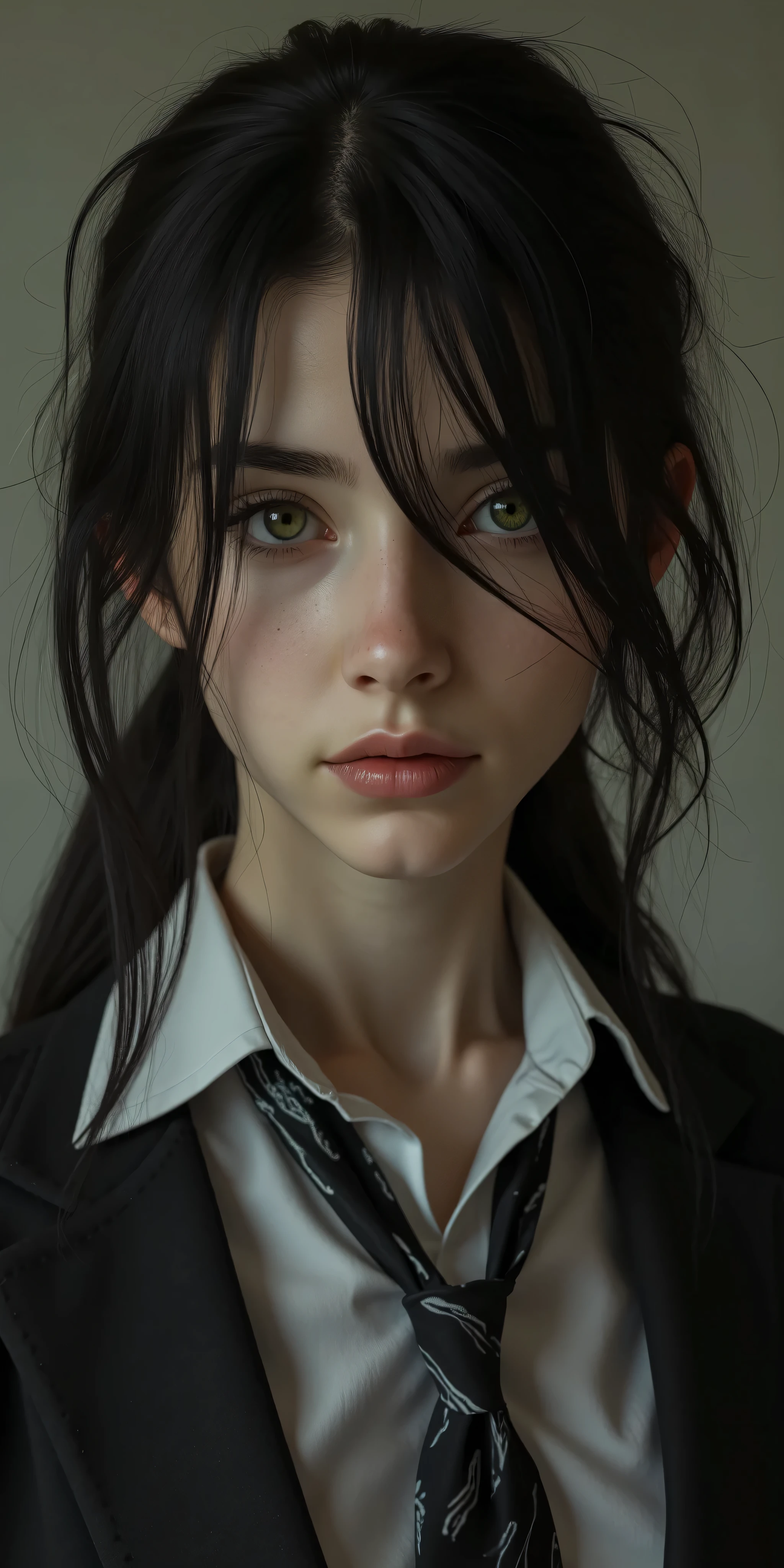 A realistic portrait of a -yeld fee student with a rebellious and intense presence. She has medium-length black hair, slightly messy, with strands falling over her pale face. Her piercing green eyes hold an intense gaze, reflecting confidence yet a sense of aloofness. Her features are sharp, with thin lips set in a subtle, brooding expression. She wears a slightly disheveled school uniform consisting of a tie, a button-up shirt, and a loosely worn blazer, exuding a tough and assertive demeanor. The atmosphere is moody, with soft lighting accentuating her melancholic yet strong personality. High detail, cinematic realism, and lifelike textures.