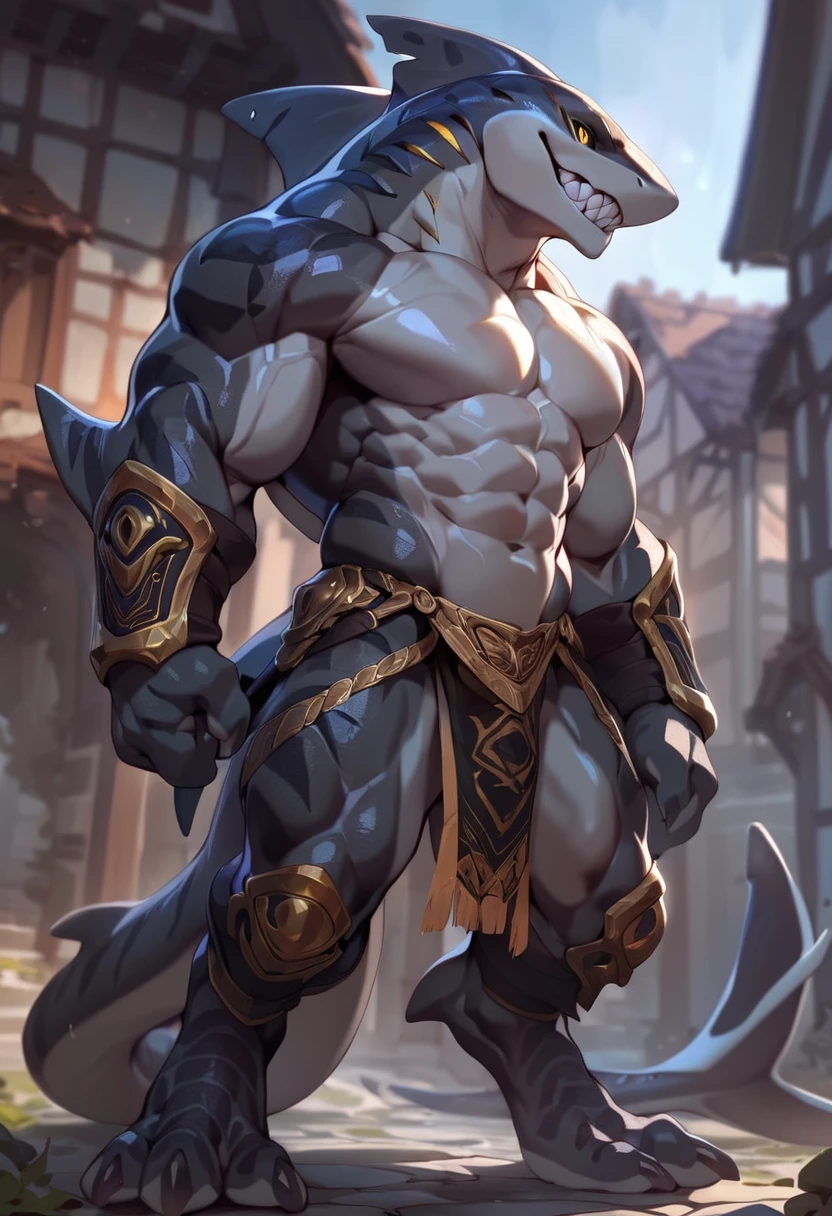 shark man medieveal in confidence pose, full body, frontal pose