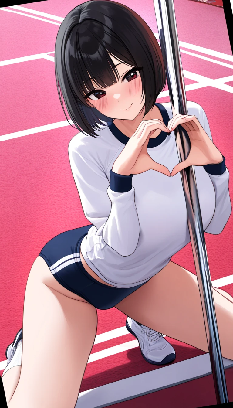 (depicting a single moment from a manga for adults), (hand-drawn), ((simple line art)), ((manga-style line art background)), (only 5 colors used), ((a woman, tennis uniform, round face, eyes with realistic sizing, drooping eyes, blush, sweat, shame smile, thin lips, spread her legs)), (((straddling to hit her crotch on the tennis racket handle for masturbation, orgasm))), casual clothes, open mouth, (angle from below, close up her crotch),