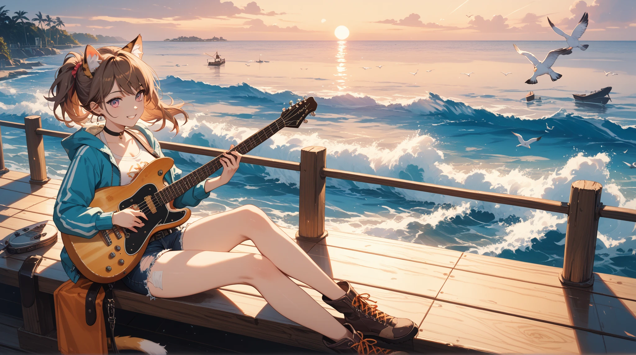 Highest quality,Woman playing an acoustic guitar,Wear a dress,sit,beach,Ocean,blue sky,summer