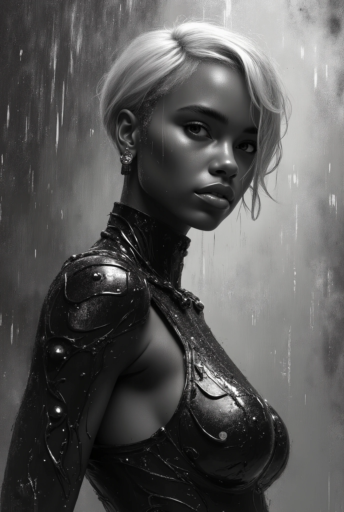 Digital Rain painting black to white color gradient background, oil painting with visible impressionistic strokes of Beautiful cyborg, short blonde hair, muscular body, ((look
alike of Adut Akech )),Fashion pose ,chrome metallic body parts,, no clothes, full body portrait