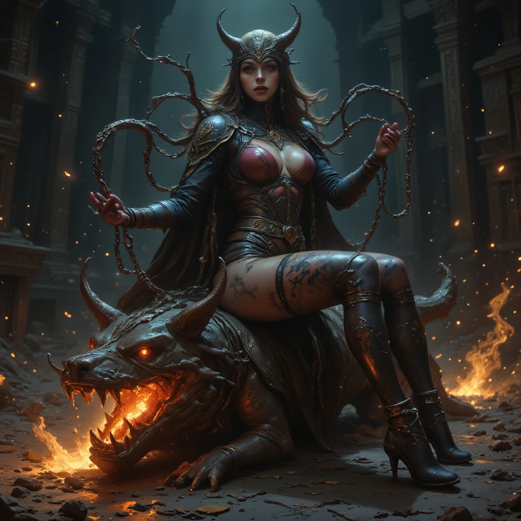 hellish nightmare, monsters, demons everywhere, young female exposed, exposed breast, exposed navel, (boobs),nsfw:1,1, fire, nude, beads belt, rope belt, necklace, ornaments, tattoo, legs apart, lingerie, chain bra