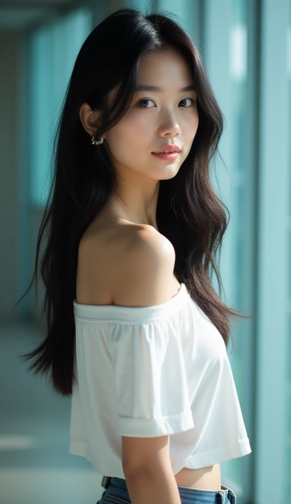 See-through tops、Big Breasts、camisole、(White wall as background、Some of her hair is sky blue:1.4)、White wall、Taken in front of a white door、(A room with a white wall and a window)、((highest quality、8k、masterpiece:1.3))、Ultra-high resolution、(photoGenuineistic:1.4)、RAW Photos、Japanese,(Detailed aspect)、Genuine、Photographed in natural light、Highly detailed face and skin texture、Highly detailed lips、The correct state of the human body、Medium Hair、Black Hair、Various poses、Natural color lip
