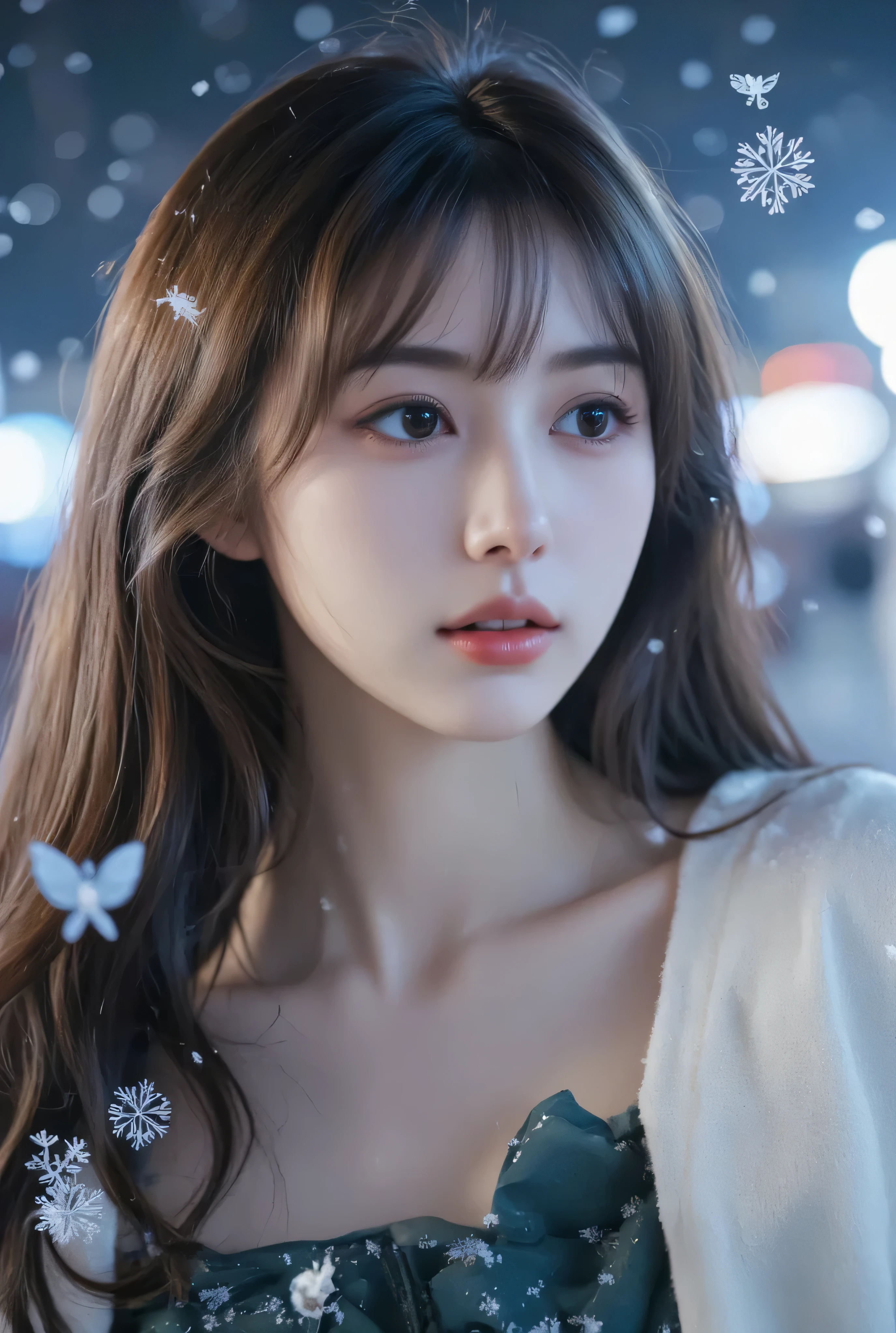 （masterpiece, best quality :1.2), winter,1 woman, [white breath] 、( Fantastic)Winter Festival 、 Snowflakes、❄️、cinematic lighting ,focus on her face,background blur,  fantastic