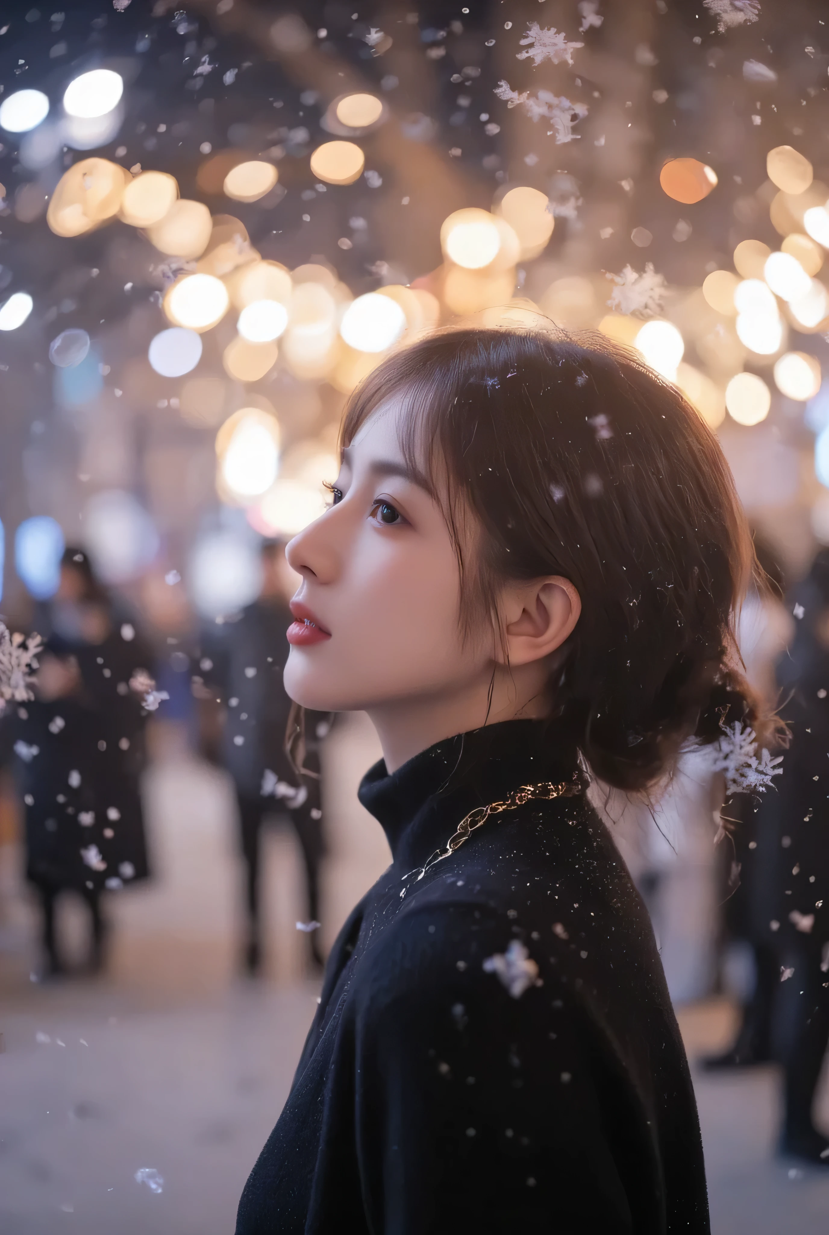 （masterpiece, best quality :1.2), winter,1 woman, [white breath] 、( Fantastic)Winter Festival 、 Snowflakes、❄️、cinematic lighting ,focus on her face,background blur,  fantastic