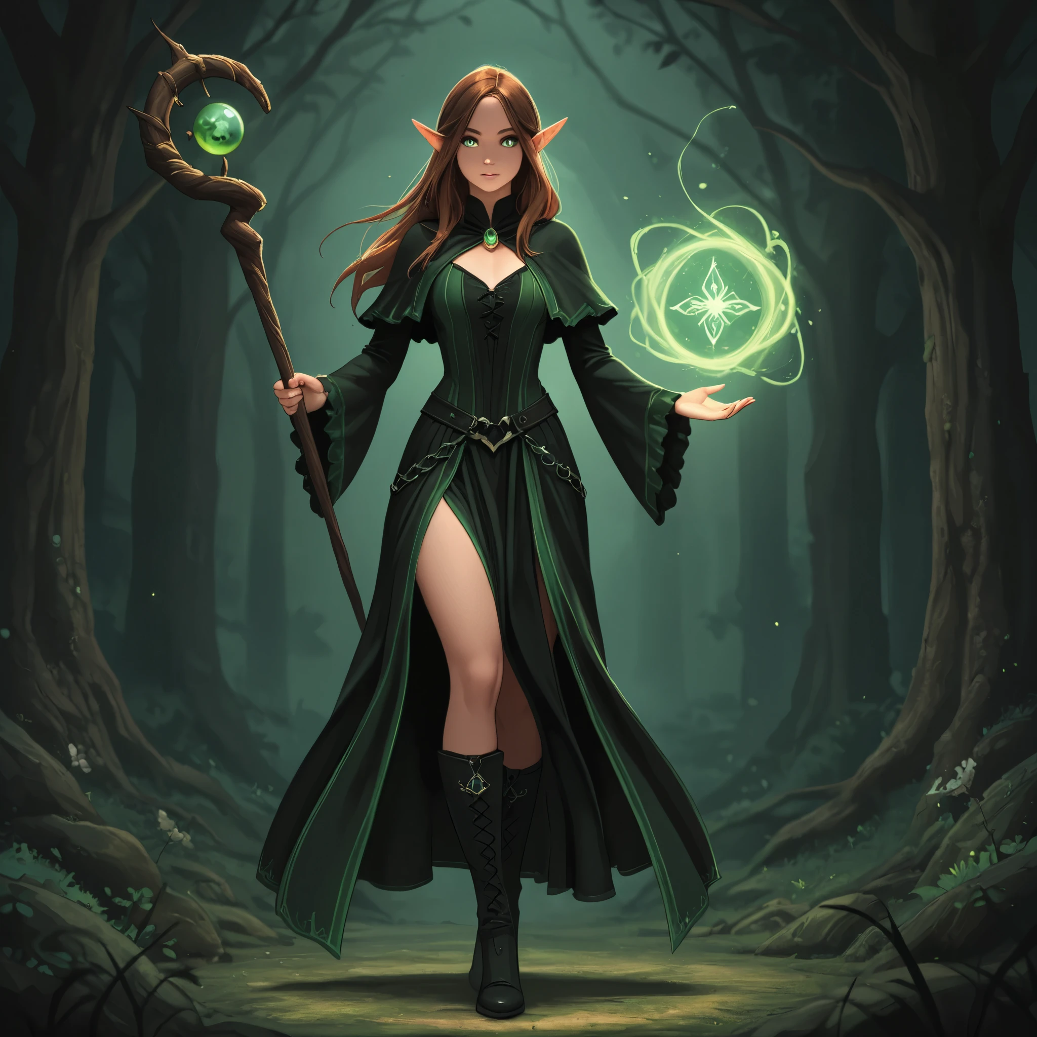 Girl, Elf, Brown Hair, beautiful face, Beautiful eyes, Long Hair, Beautiful hands, Green Eyes, white pupils, Dragon Mage, Magic Clothes, Magic Staff, Gothic, Aesthetics, Full Length, Mage