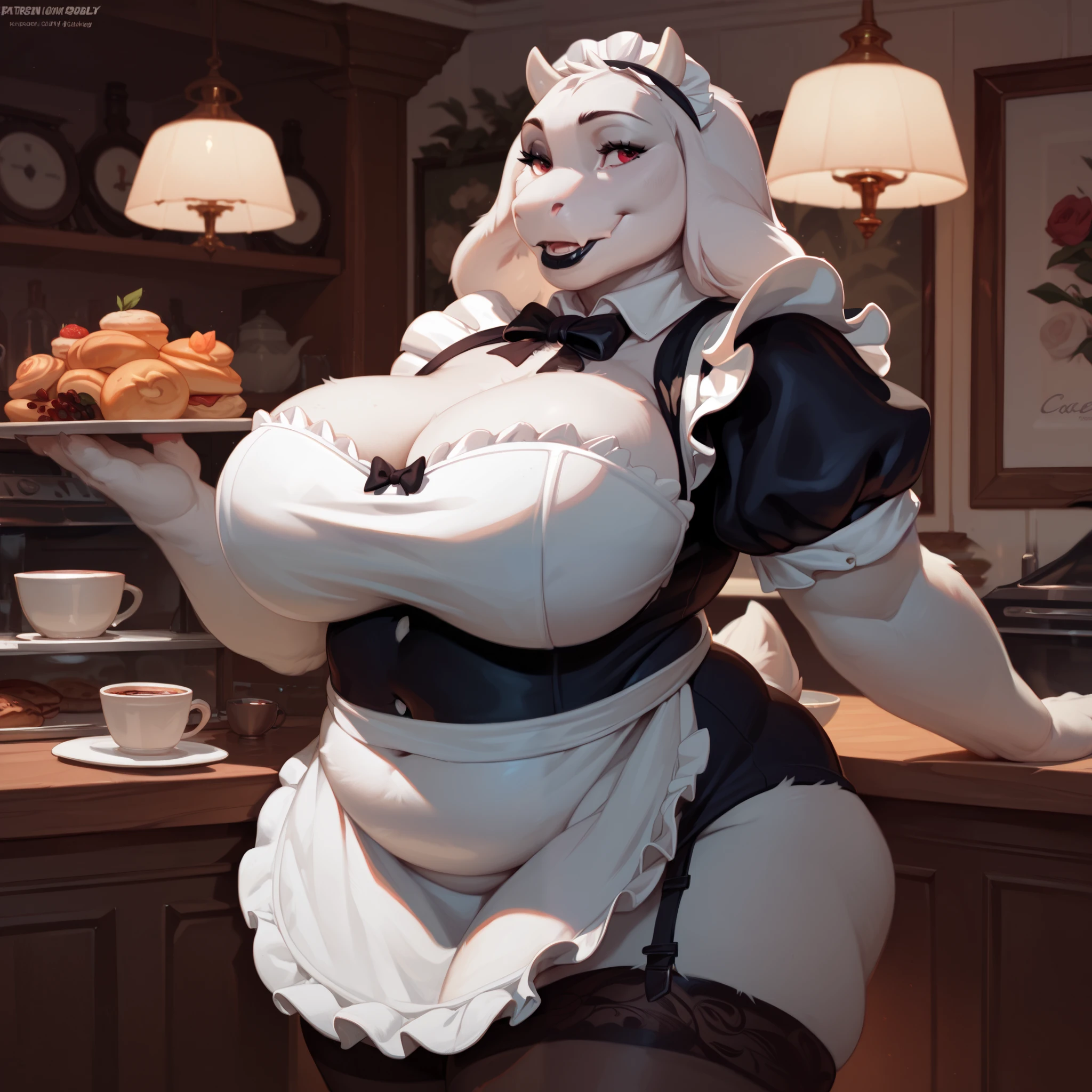 solo, furry, anthro, toriel, white fur, mature, milf, burgundy eyes, black lipstick, smiling, chubby, bbw, huge breasts, broad shoulders, wide hips, maid uniform, headband, apron, stockings, cafe environment, detailed background,