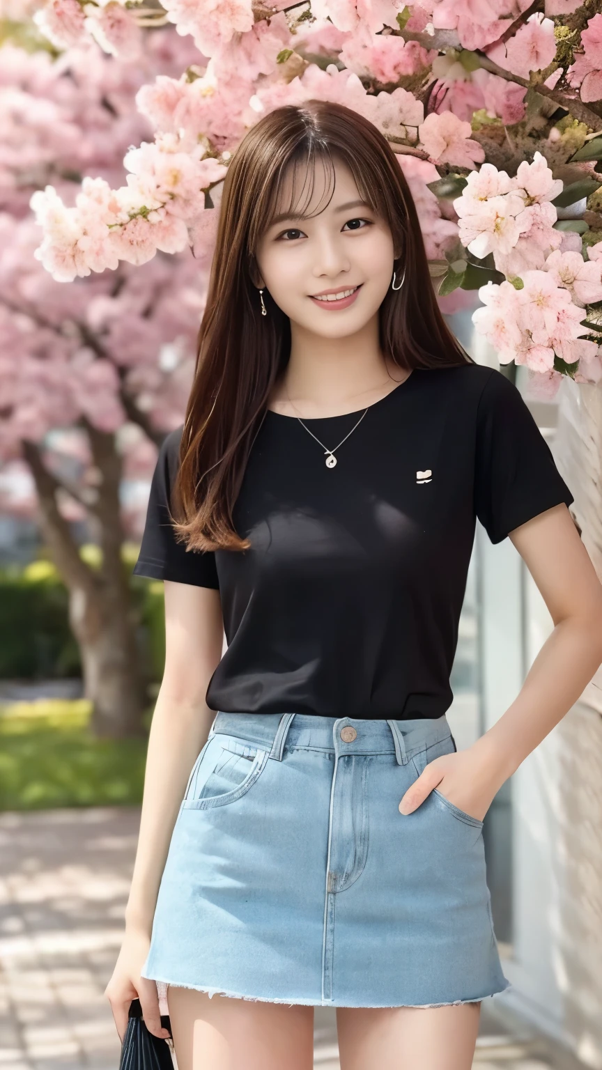 Real 8K high quality image 、 Large cherry blossom trees line up on both sides for a long time、 Cute high school girl、In a super miniskirt and a cute uniform、Model body type that is not muscular、Beautiful white ripe skin 、 apply light makeup 、 Detailed Fingers 、