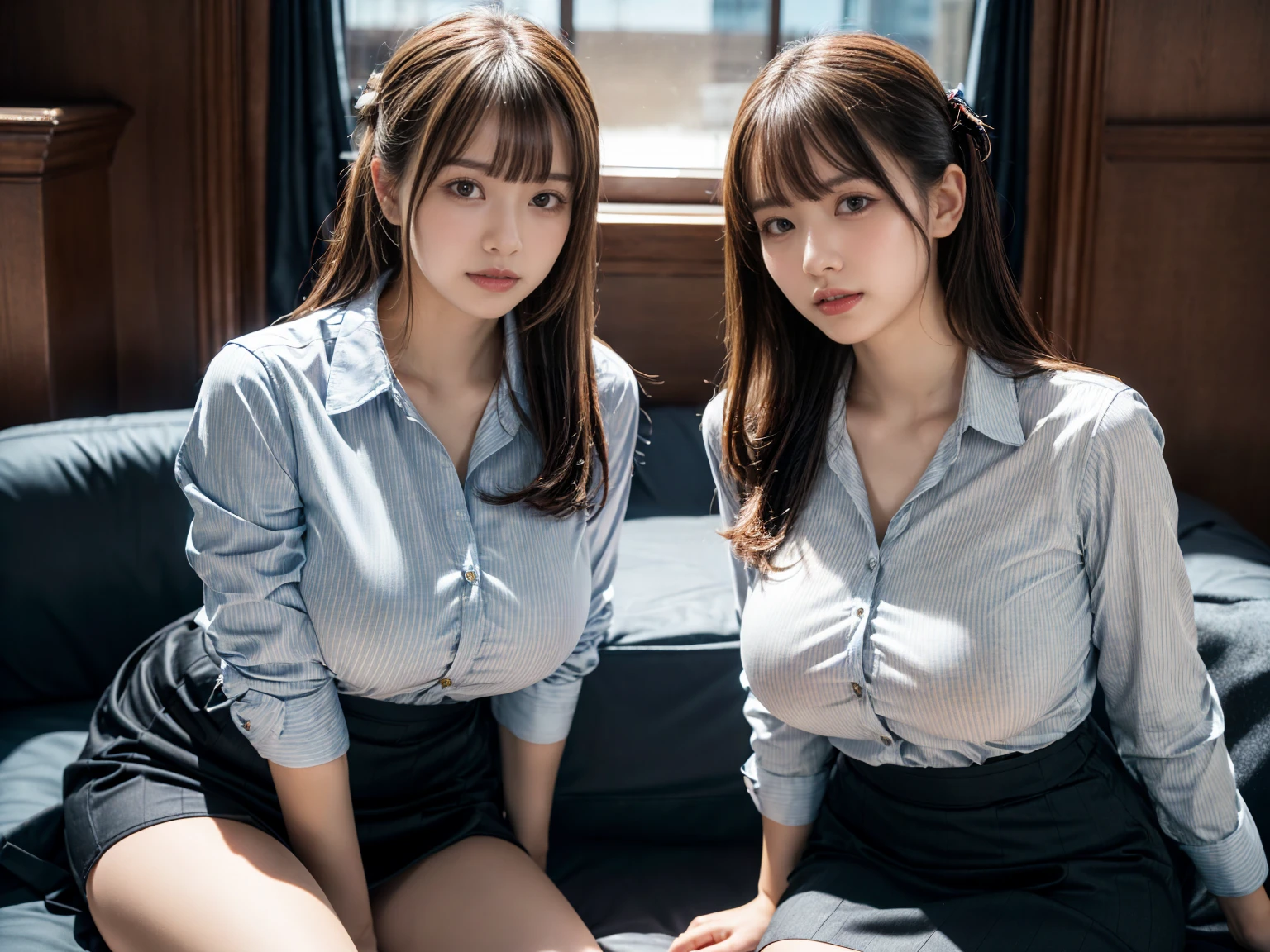 8K quality, Masterpiece, Bright lighting without shadows, Two slim, busty women standing side by side, (Super big breasts compressed by clothes:1.3), Whitening skin, Sparkling Blue Eyes, Deep crimson sailor collar uniform, Pleated skirt, Above the knee, Super big breasts squeezed tightly with hands, A posture where she bends forward to emphasize her huge breasts, White panties, Breast Grab, Eyes closed and mouth open