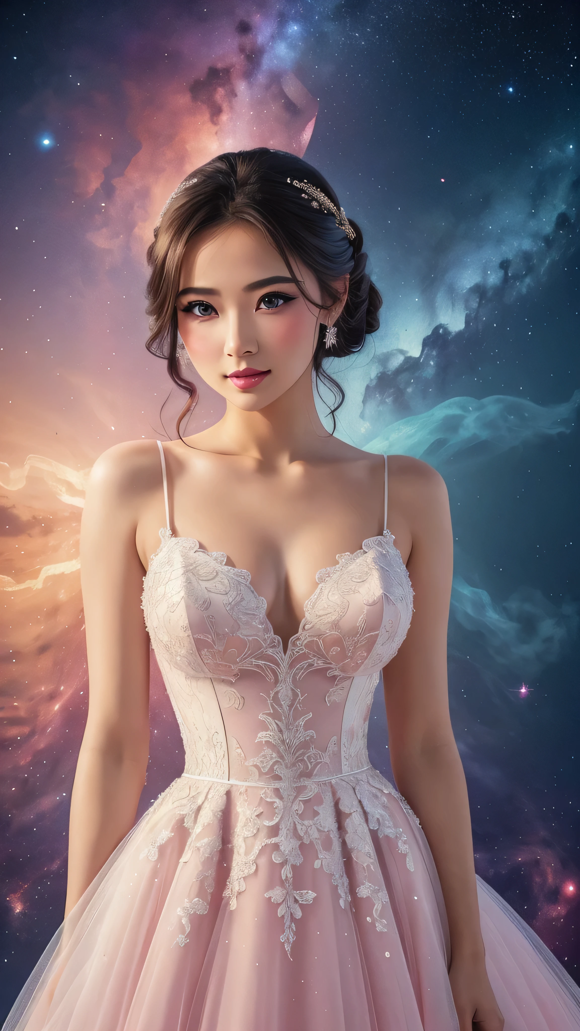 in high-definition images、1 gorgeous girl standing in front of a colorful nebula , ((heart lips )), ( smokey eye makeup ), I'm wearing a white gown , Photo of , perfect eyes , perfect hand, curved hips , super detailed skin, Twilight Rays Destroy Closeups Wearing a Pink Gown , top quality, Deep Shadow, 8k, DSLR, Kodak Ector 100 , XT3, F4, 1/800s, ISO100, A fantastical worldview。