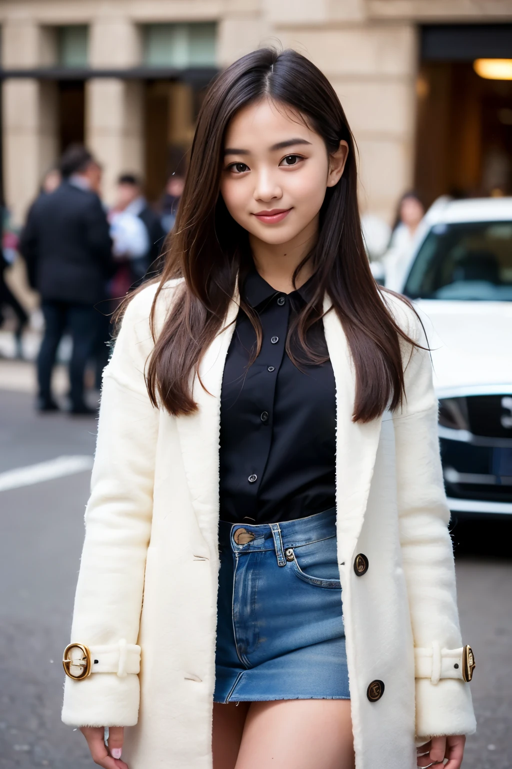 (Photorealistic: 1.4), (Specific: 1.3), (Realistic, Photorealistic: 1.37), (Medium View: 1.5), (Half Body), Girl, Best Quality, Ultra High Definition, Tokyo Street, Vest, Long Hair, Big, Hips, Smile, Slim, Nipple, Night, Awkward, Open Jacket,