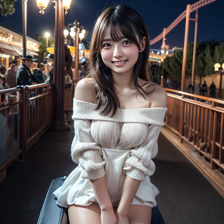 ulzzang -6500-v1.1, (Raw photo:1.2), (Photorealsitic), a beautiful detailed girl, (Real: 1.4), extremely detailed eye and face, beatiful detailed eyes, ((sitting inside the ferris wheel at night:1.3)), ((Thick coat:1.3, Ultra-realistic pantyhose:1.2))、selfee、Instagram、game_nffsw, huge filesize, hight resolution, ighly detailed, top-quality, [​masterpiece:1.6], illustratio, ighly detailed, nffsw, finely detail, top-quality, 8k wallpaper, Cinematographic lighting, 1girl in, 17 age, perfect body type, cute droopy eyes beautiful big eyes、Pieckfinger, ((masutepiece)), Best Quality, 1girl in, eye shadow,  Portrait, ((FULL BODYSHOT:1.4))、(Very affectionate smile:1.2)、((Small breasts)), realistic skin textures、shinny skin、Exposed thighs!!!