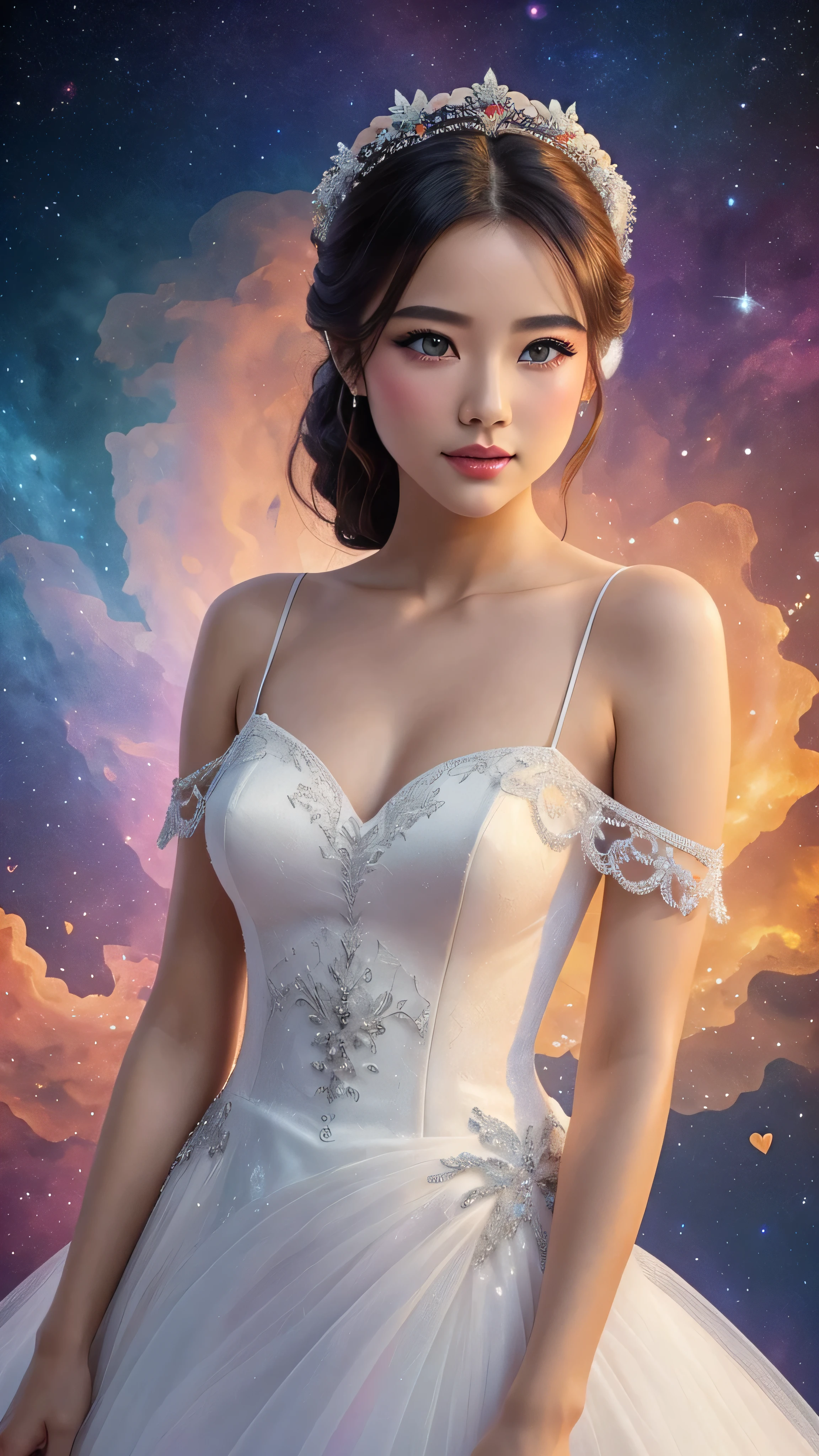 in high-definition images、1 gorgeous girl standing in front of a colorful nebula , ((heart lips )), ( smokey eye makeup ), I'm wearing a white gown , Photo of , perfect eyes , perfect hand, curved hips , super detailed skin, Twilight Rays Destroy Closeups Wearing a Pink Gown , top quality, Deep Shadow, 8k, DSLR, Kodak Ector 100 , XT3, F4, 1/800s, ISO100, A fantastical worldview。